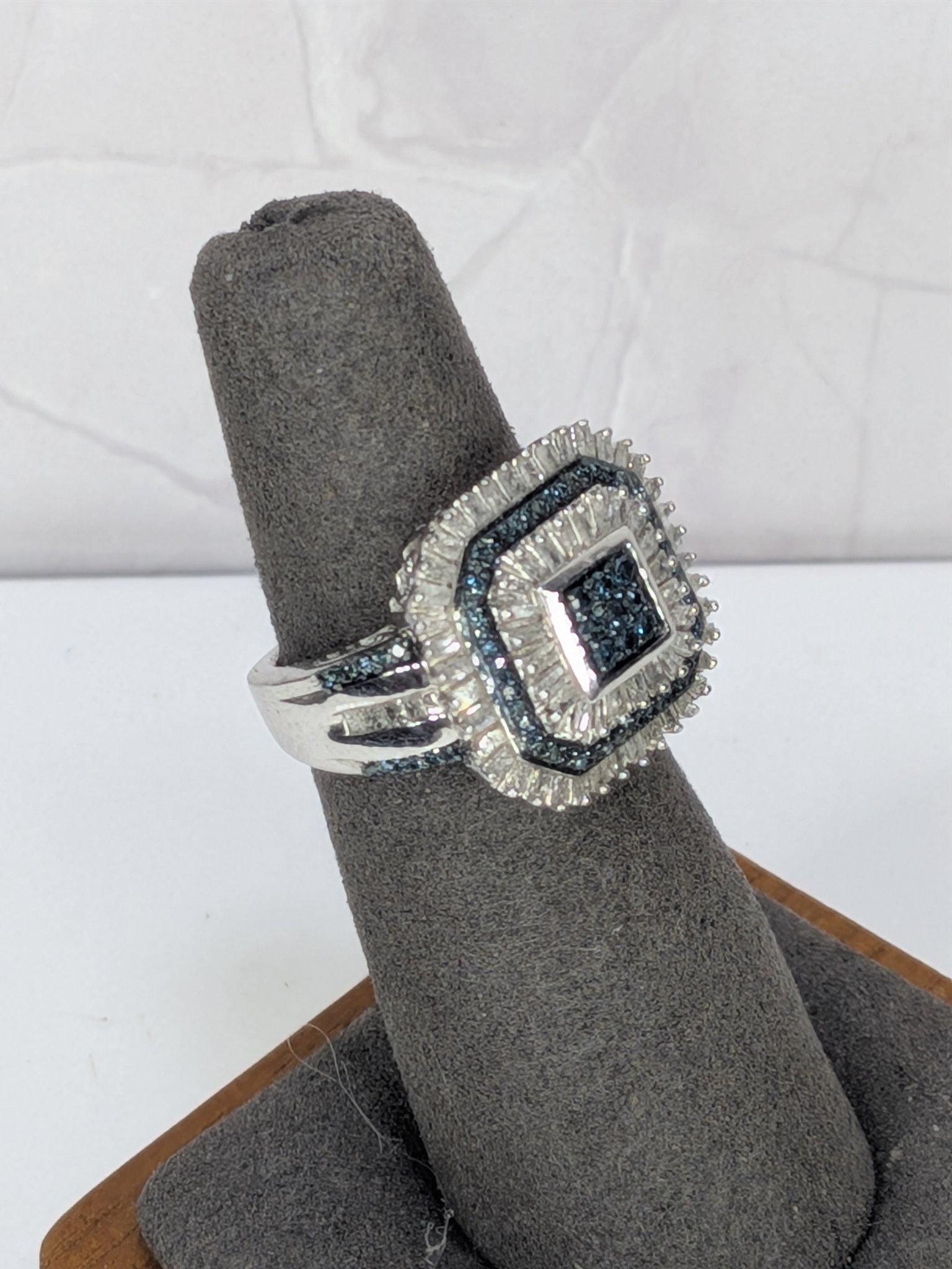 Art Deco Style Sterling Silver Blue And White REAL Diamond Octagon Cocktail Ring 925 view 4