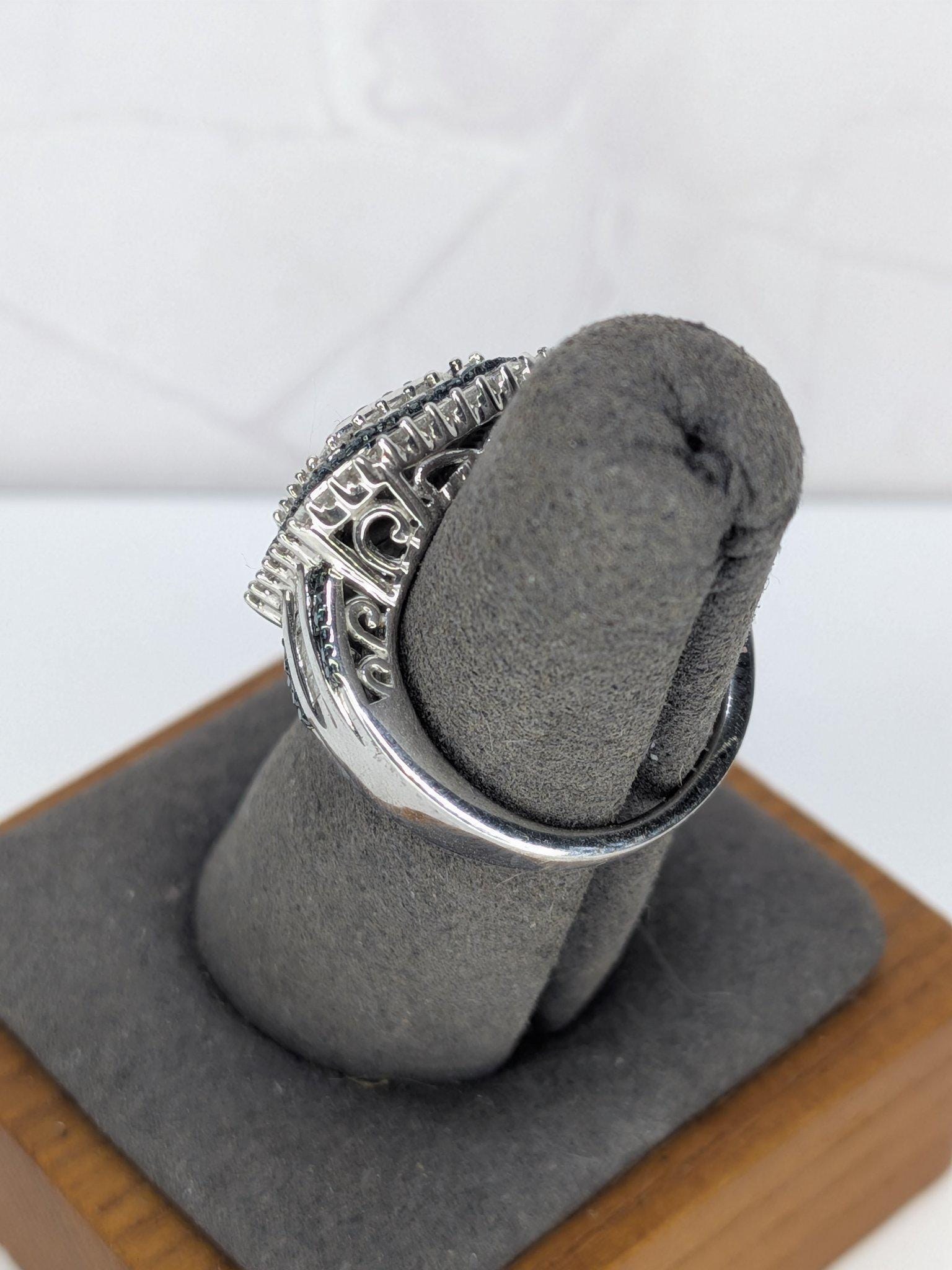 Art Deco Style Sterling Silver Blue And White REAL Diamond Octagon Cocktail Ring 925 view 5