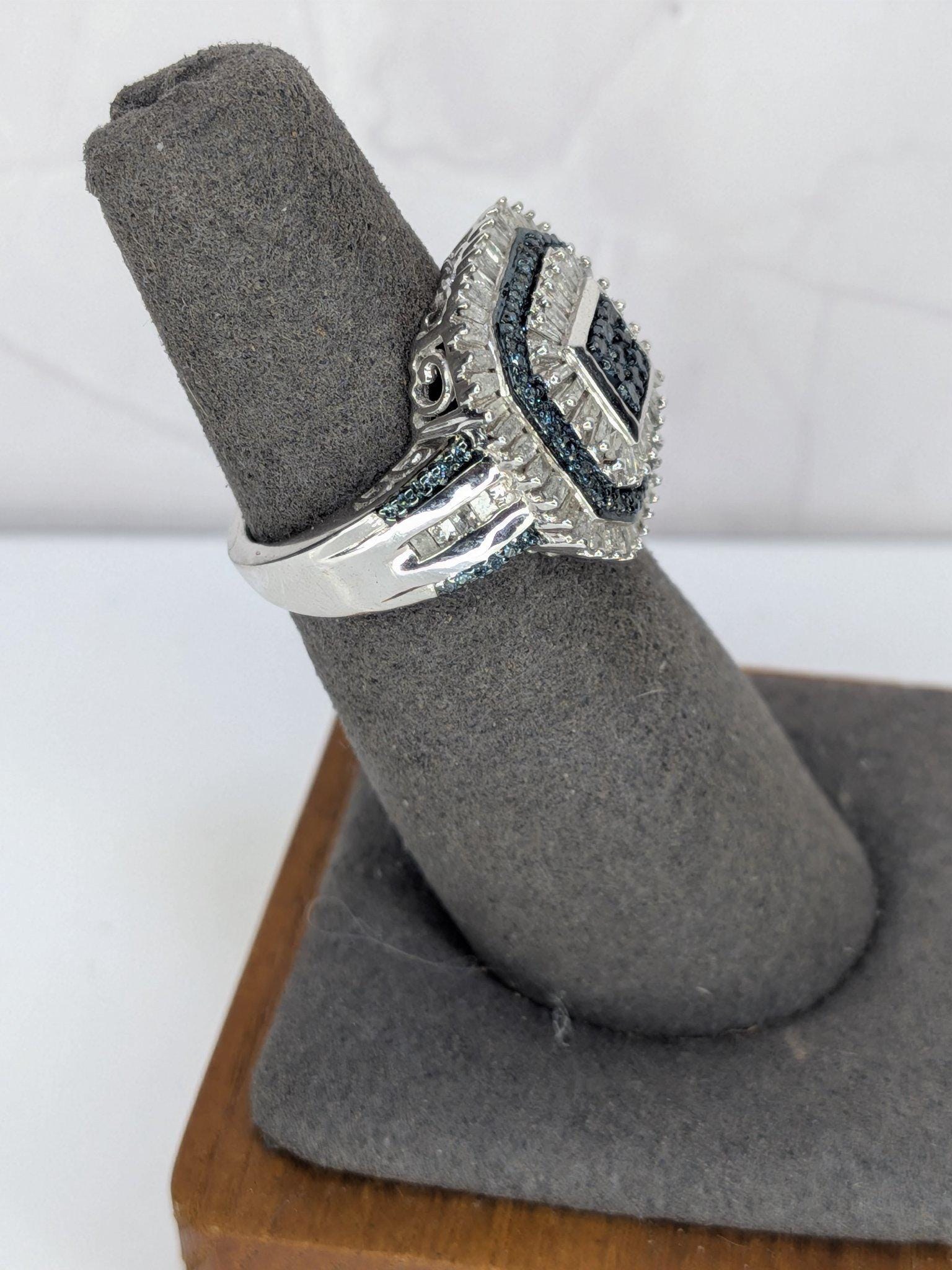 Art Deco Style Sterling Silver Blue And White REAL Diamond Octagon Cocktail Ring 925 view 6