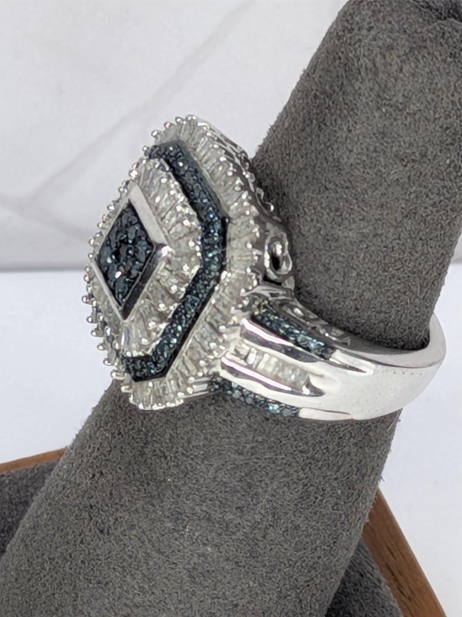 Art Deco Style Sterling Silver Blue And White REAL Diamond Octagon Cocktail Ring 925 view 8
