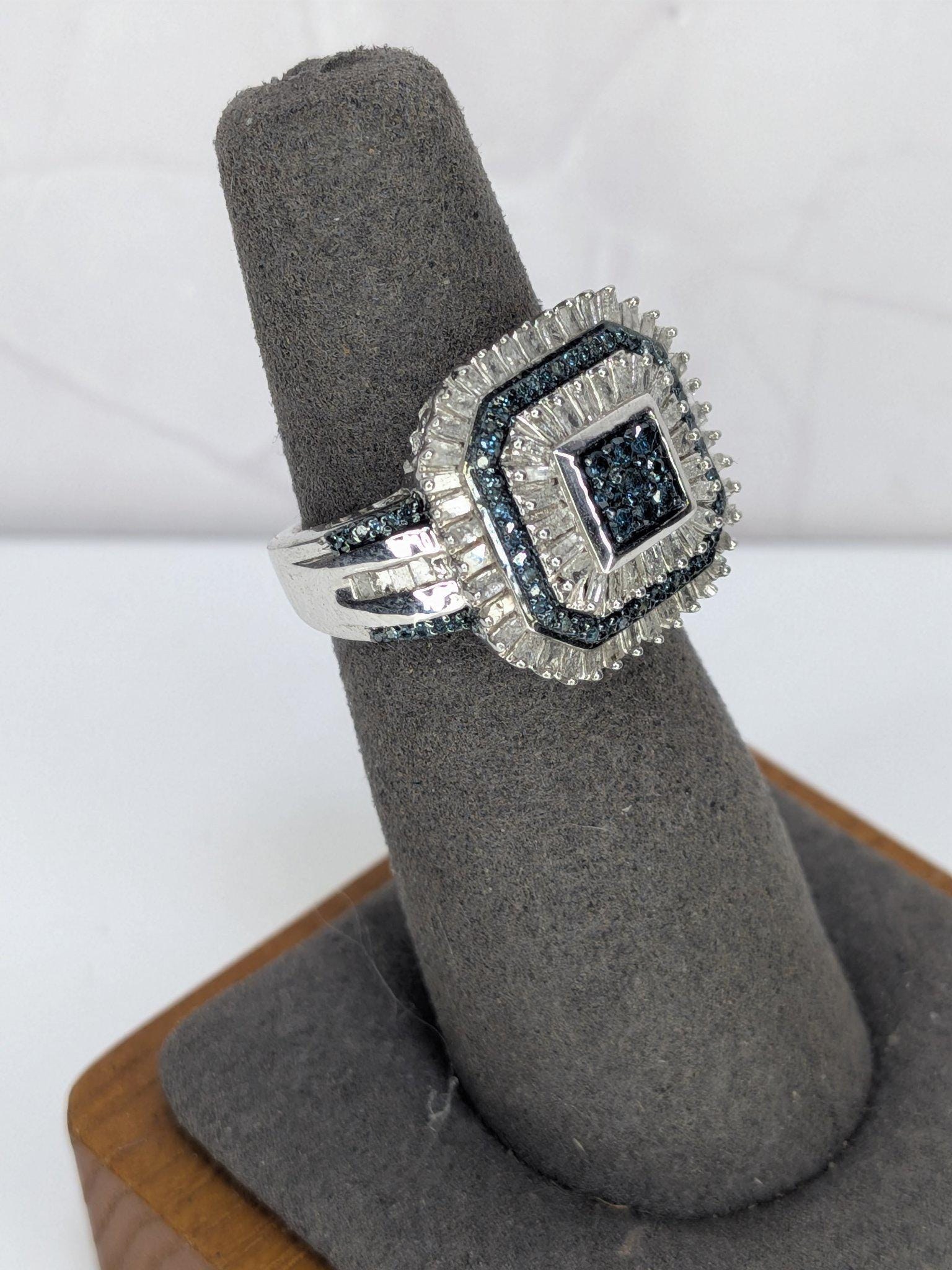 Art Deco Style Sterling Silver Blue And White REAL Diamond Octagon Cocktail Ring 925 view 9