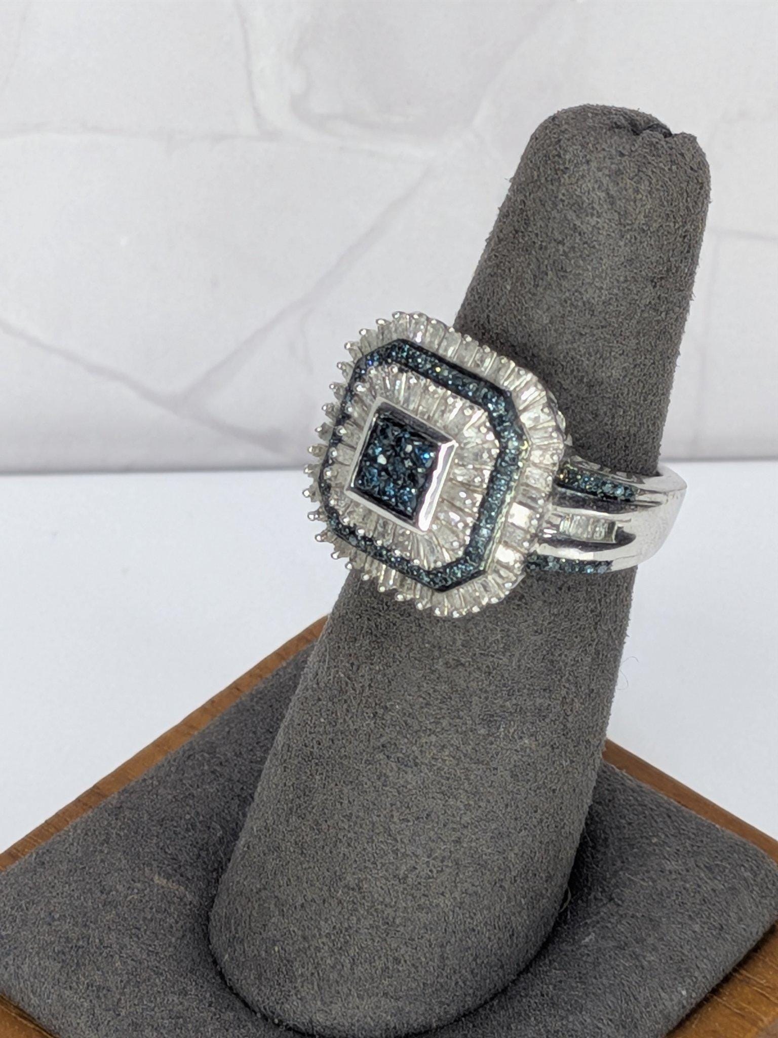 Art Deco Style Sterling Silver Blue And White REAL Diamond Octagon Cocktail Ring 925 view 10