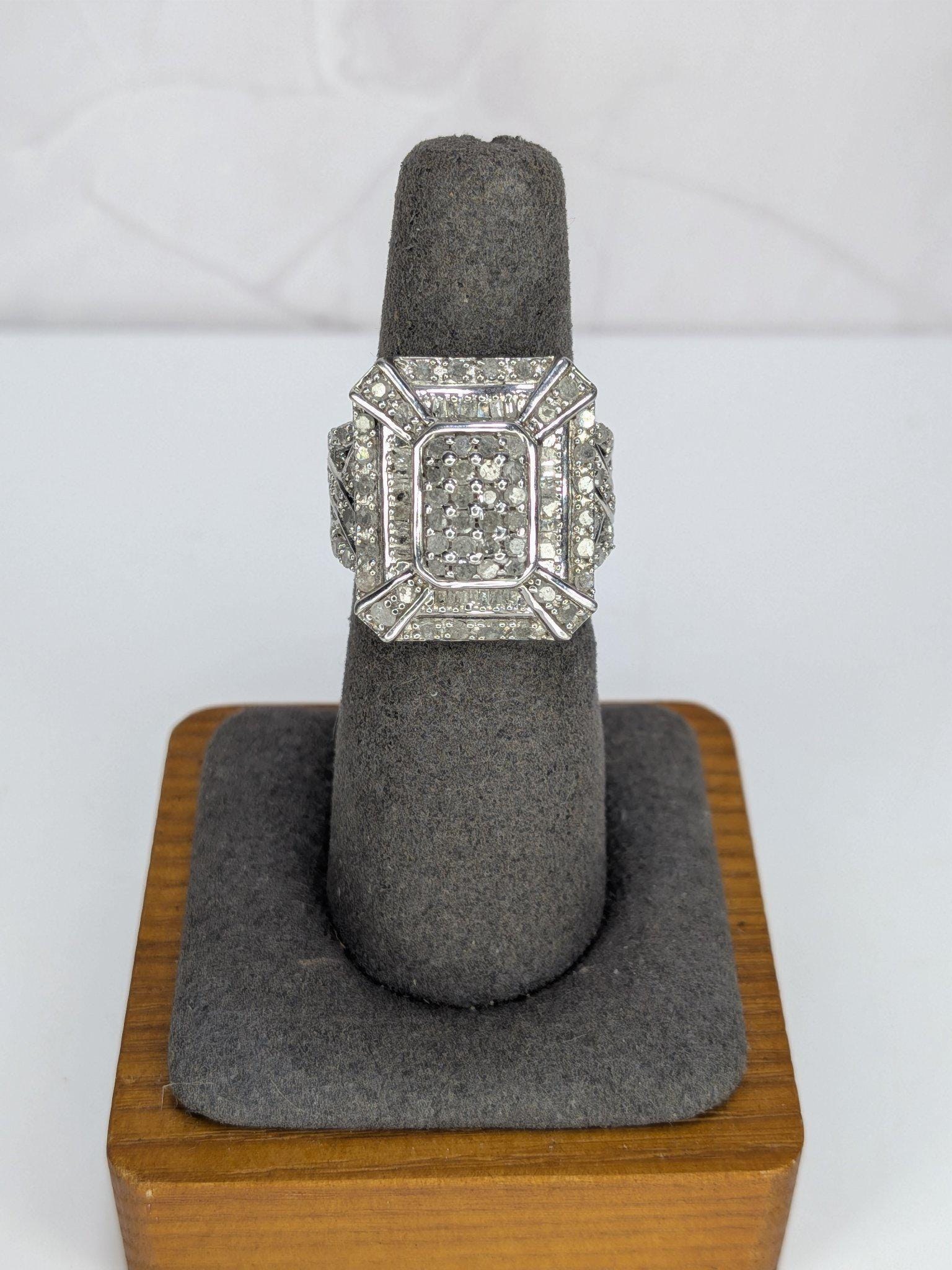 Art Deco Style Estate Sterling Silver White Diamond Baguette Cluster Cocktail Ring 925