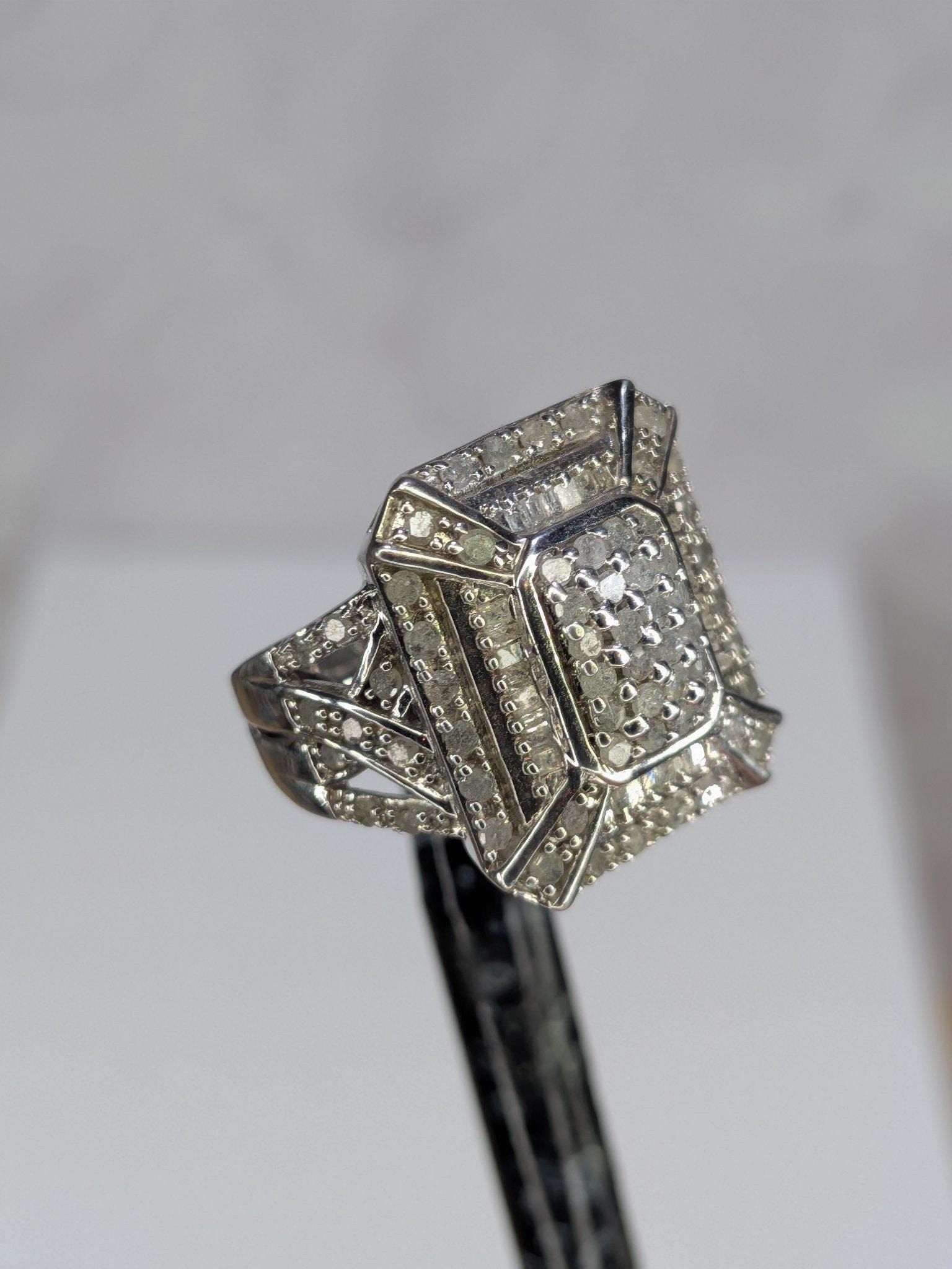 Art Deco Style Estate Sterling Silver White Diamond Baguette Cluster Cocktail Ring 925 view 2