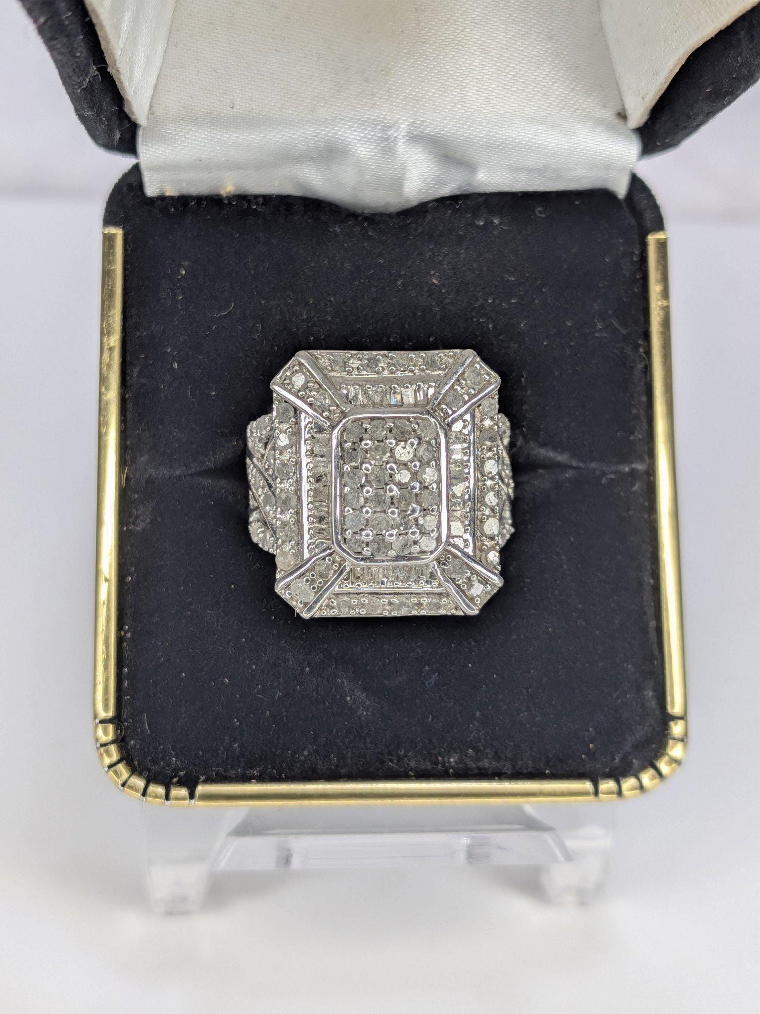 Art Deco Style Estate Sterling Silver White Diamond Baguette Cluster Cocktail Ring 925 view 3