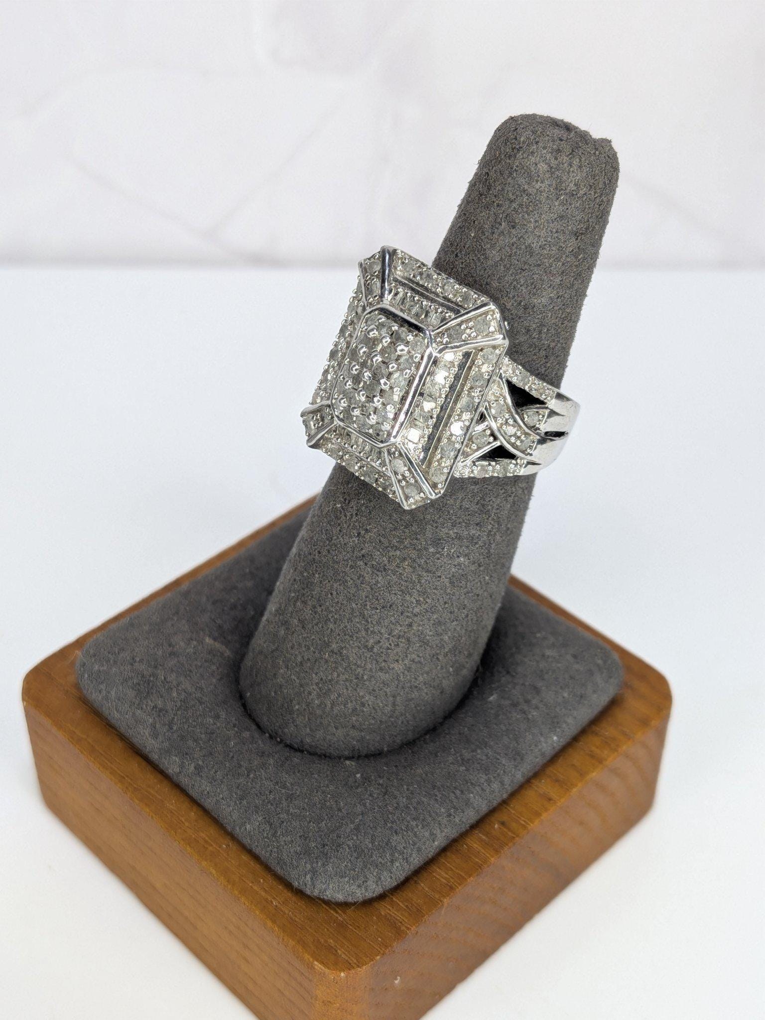 Art Deco Style Estate Sterling Silver White Diamond Baguette Cluster Cocktail Ring 925 view 5