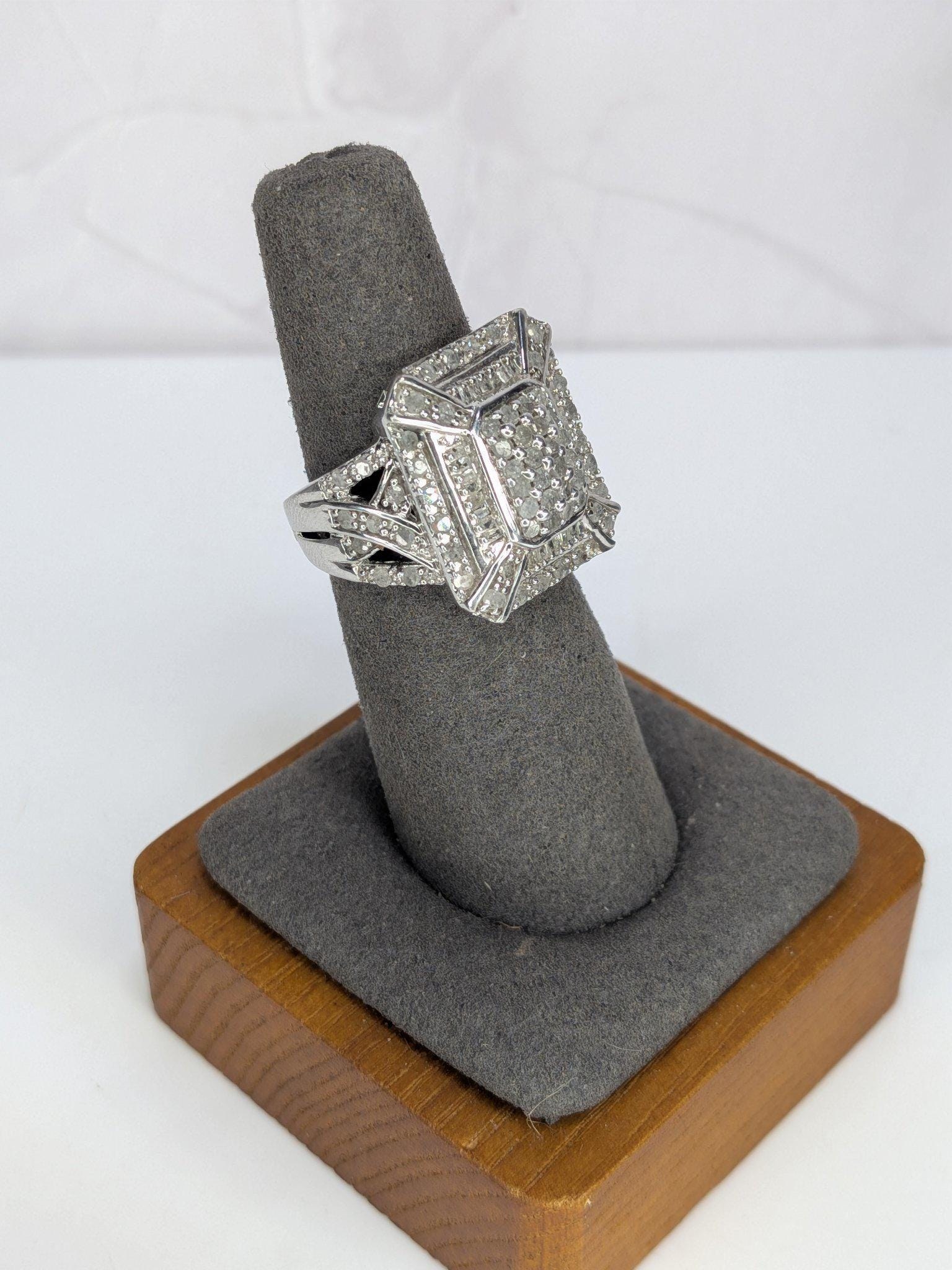 Art Deco Style Estate Sterling Silver White Diamond Baguette Cluster Cocktail Ring 925 view 6
