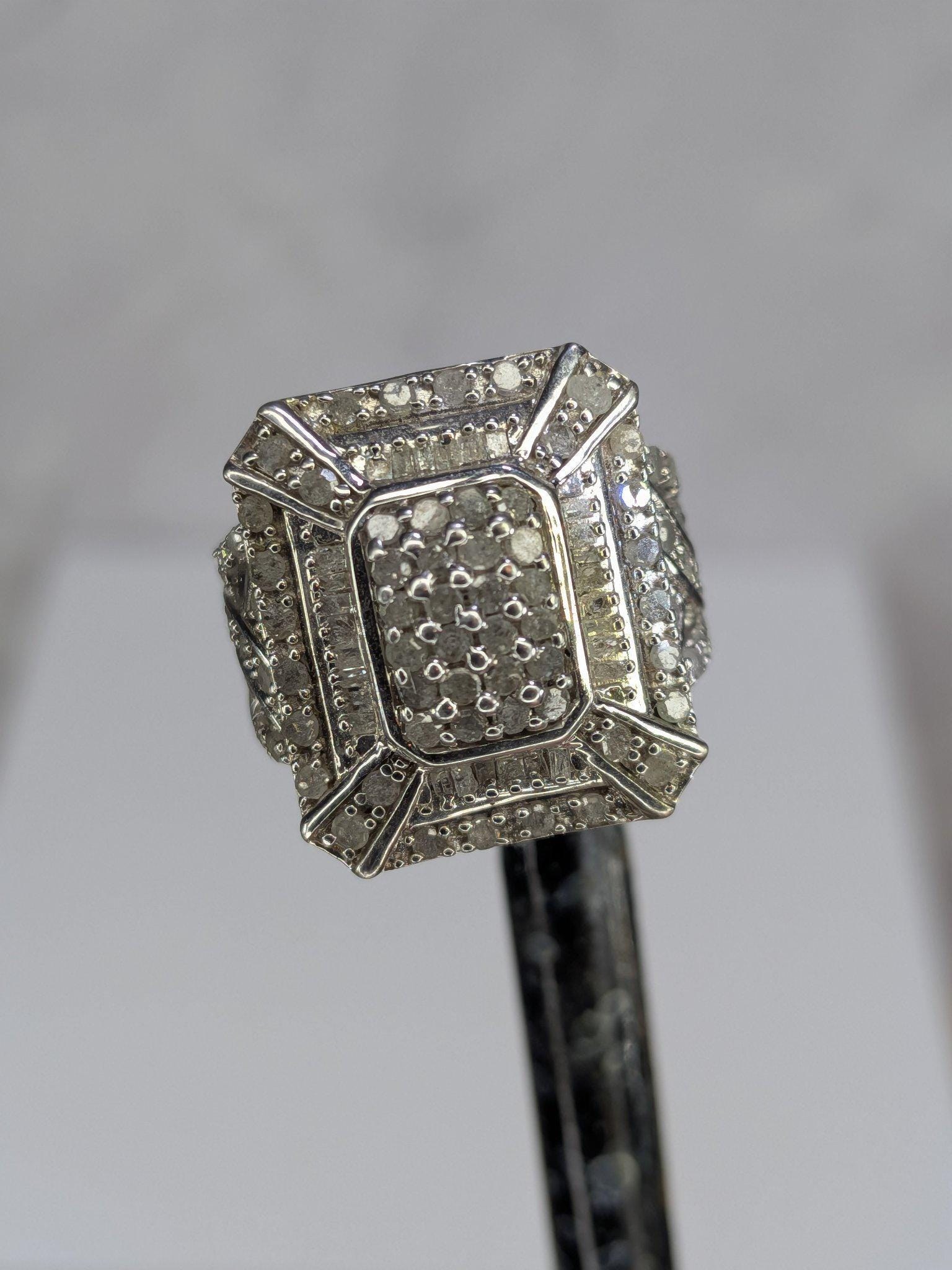 Art Deco Style Estate Sterling Silver White Diamond Baguette Cluster Cocktail Ring 925 view 8