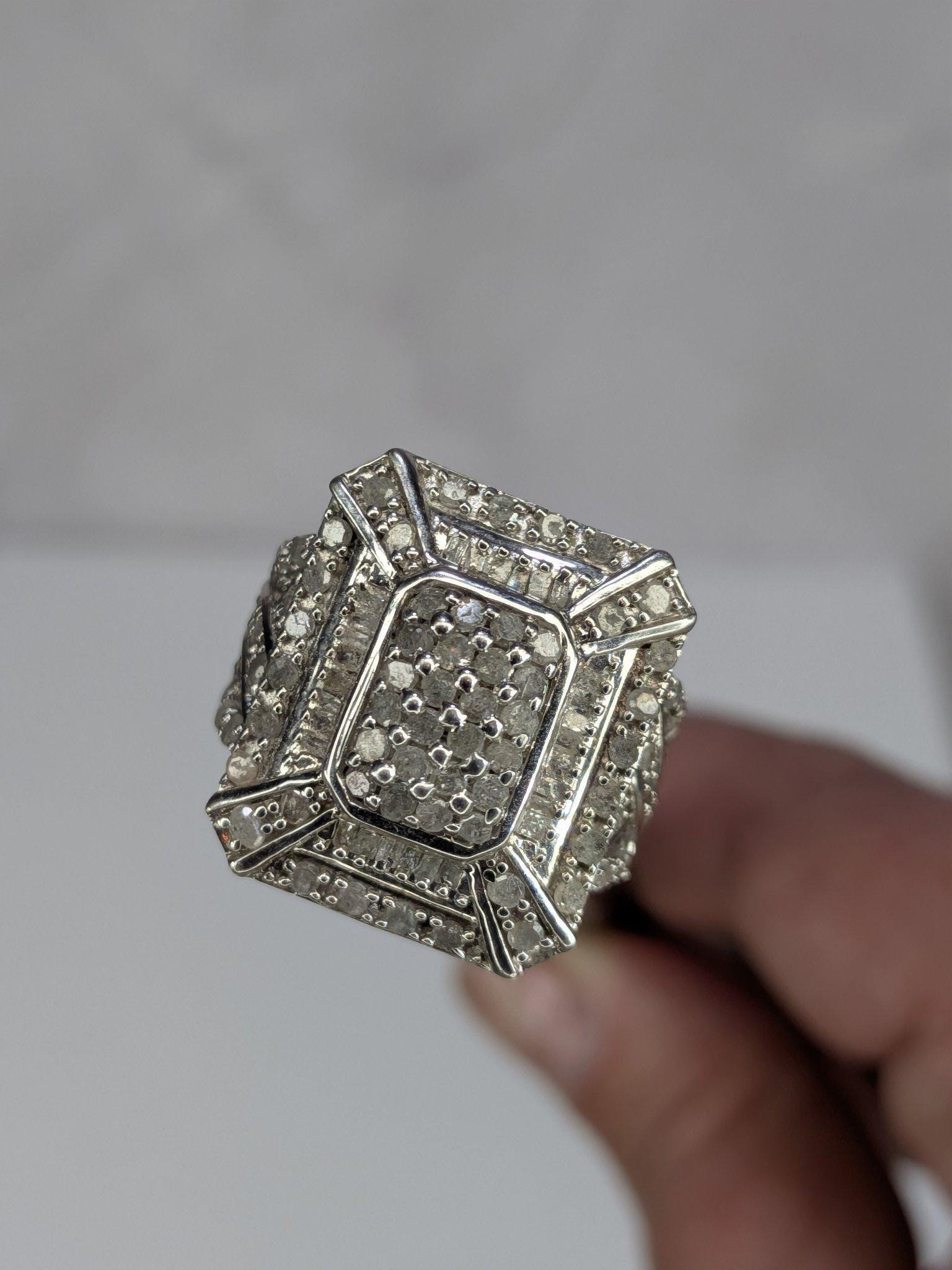 Art Deco Style Estate Sterling Silver White Diamond Baguette Cluster Cocktail Ring 925 view 9