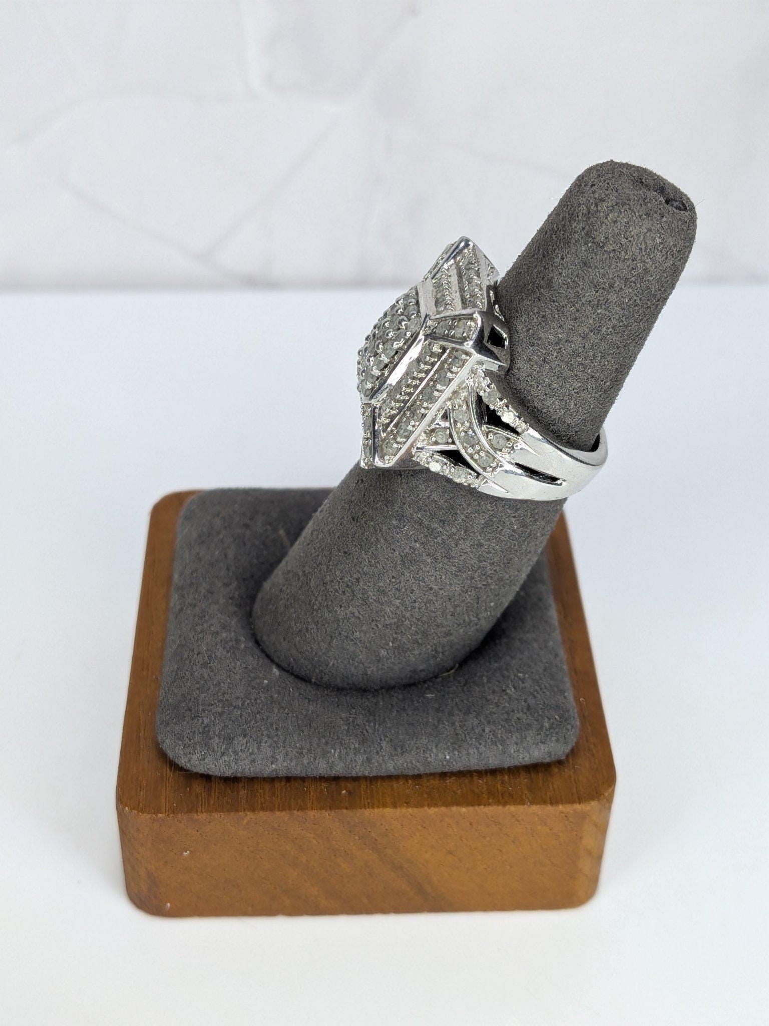 Art Deco Style Estate Sterling Silver White Diamond Baguette Cluster Cocktail Ring 925 view 10