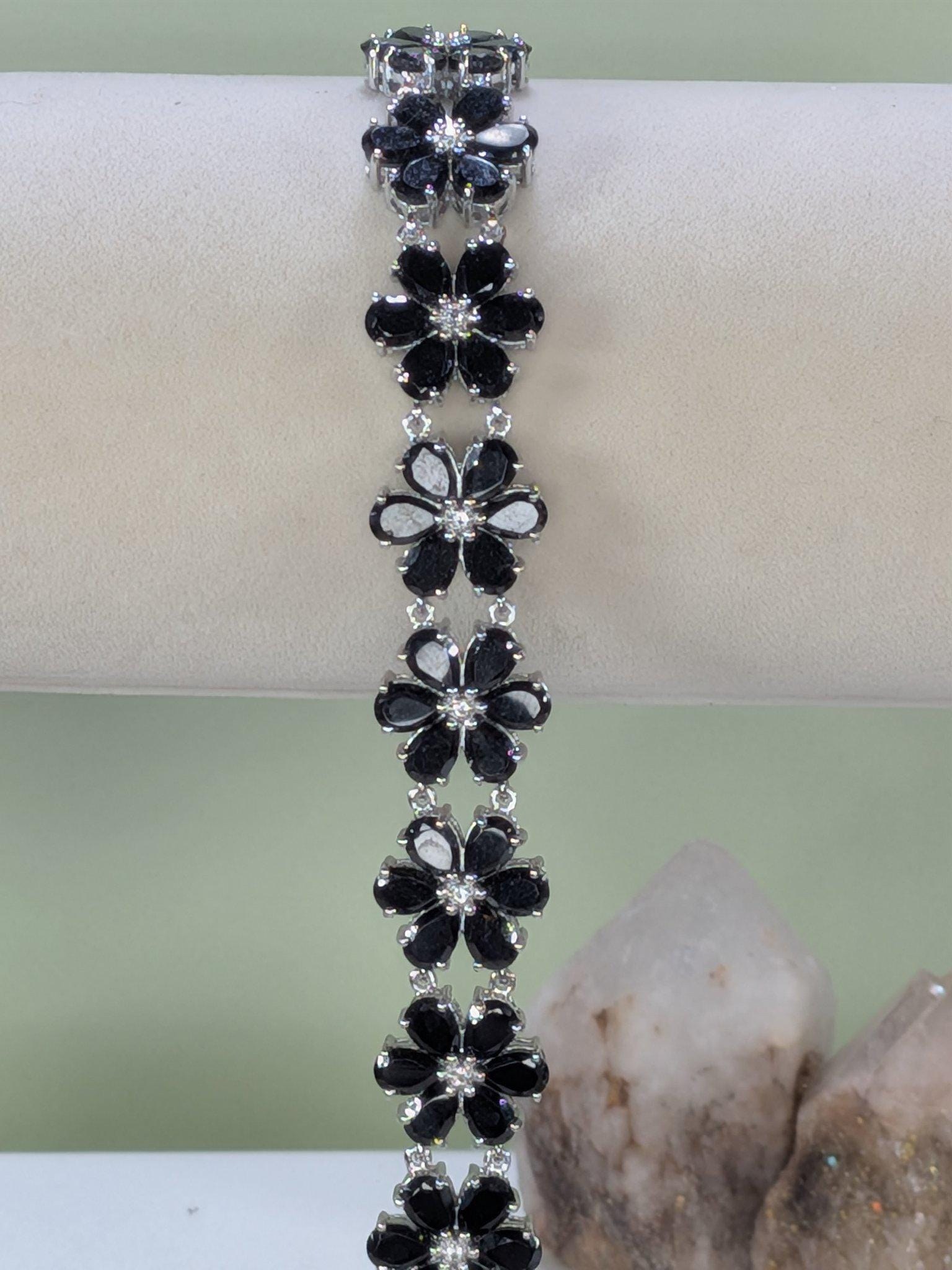 Estate JTV Black Spinel Flower Bracelet and Ring Set Sterling Silver view 2
