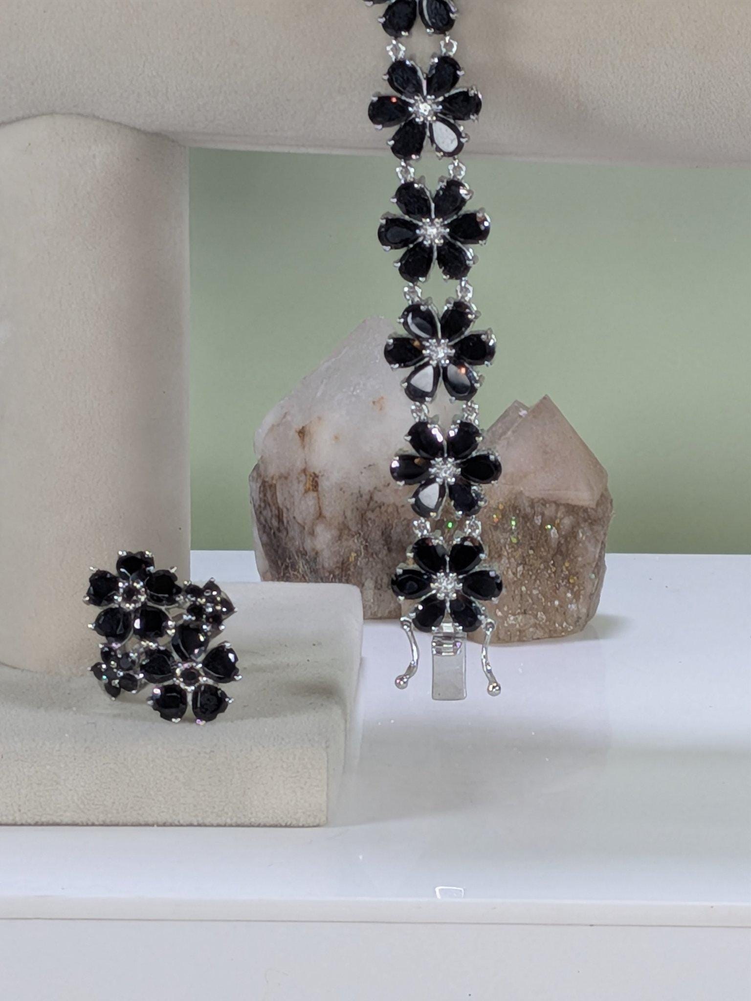 Estate JTV Black Spinel Flower Bracelet and Ring Set Sterling Silver view 3