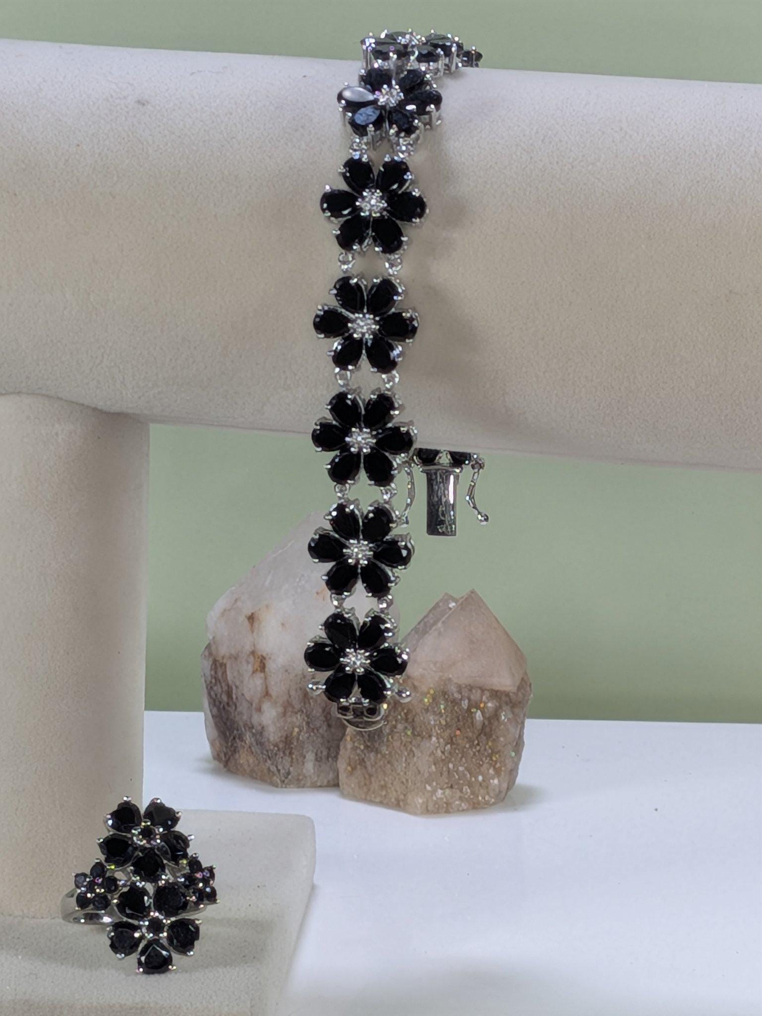 Estate JTV Black Spinel Flower Bracelet and Ring Set Sterling Silver view 4