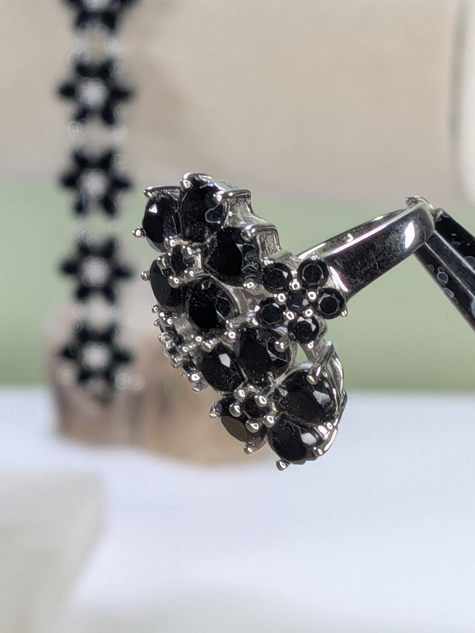Estate JTV Black Spinel Flower Bracelet and Ring Set Sterling Silver view 6