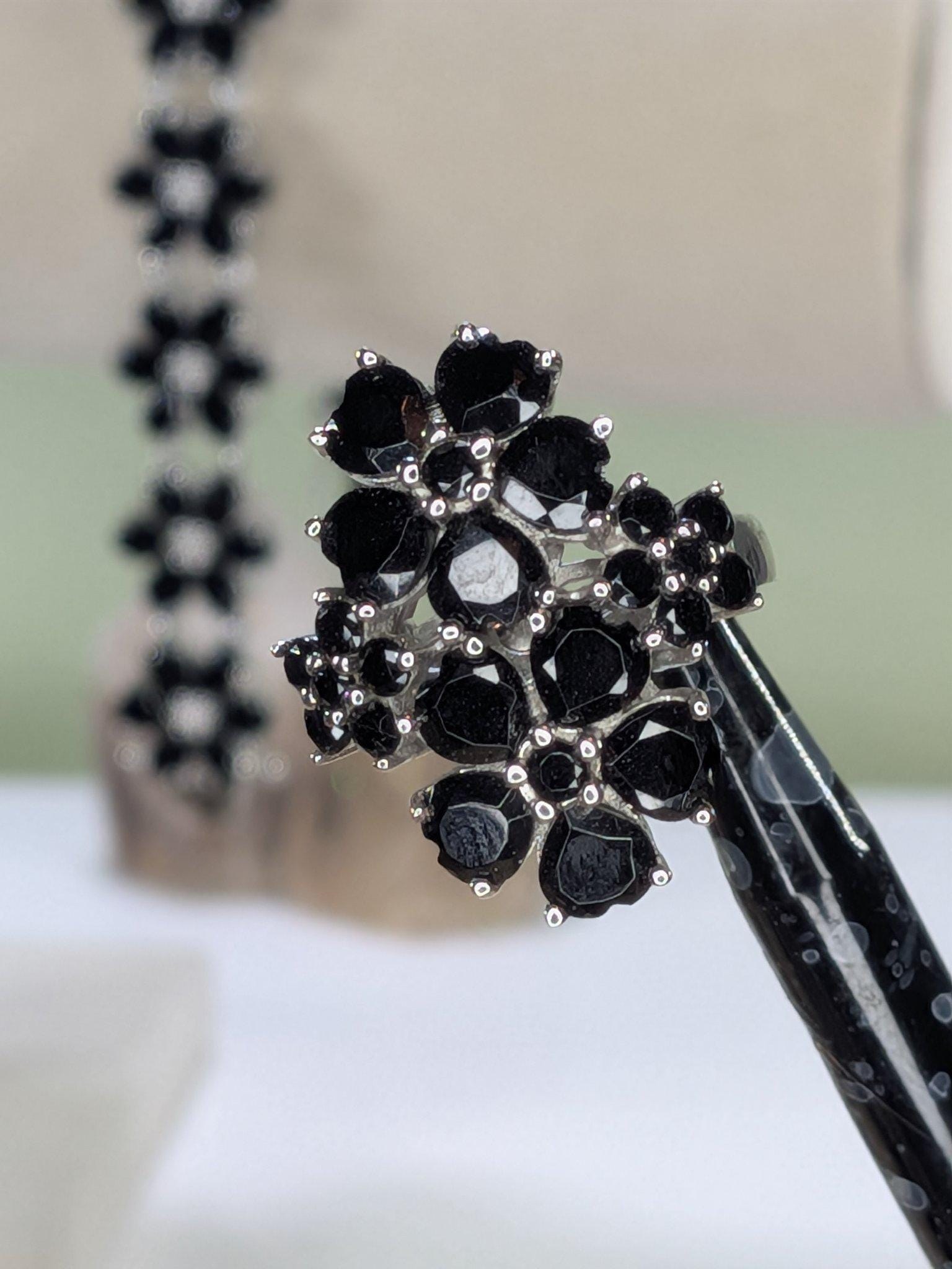 Estate JTV Black Spinel Flower Bracelet and Ring Set Sterling Silver view 7