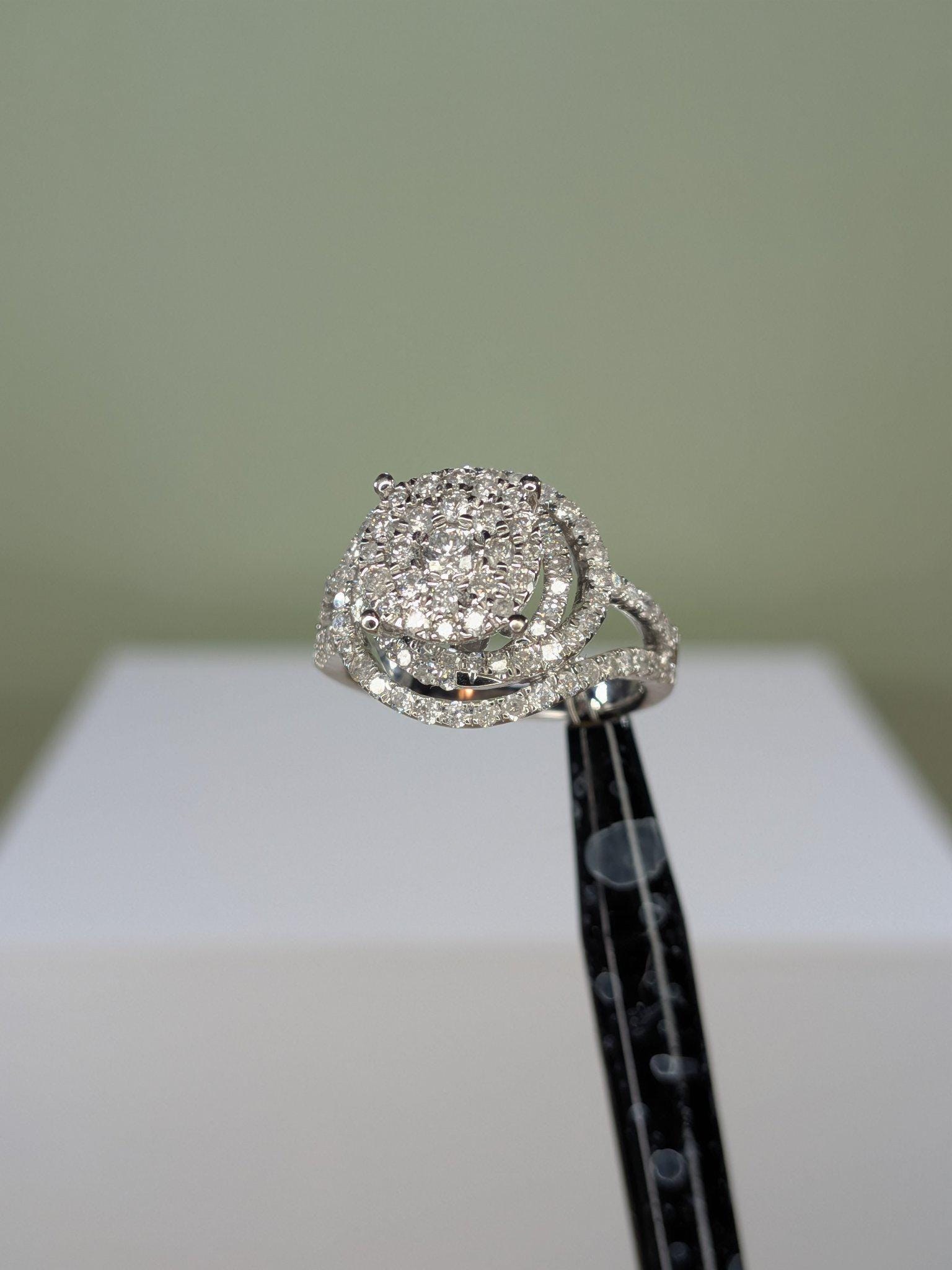 10K White Gold Diamond Swirl Halo Cluster Ring, Split Shank, Size 8