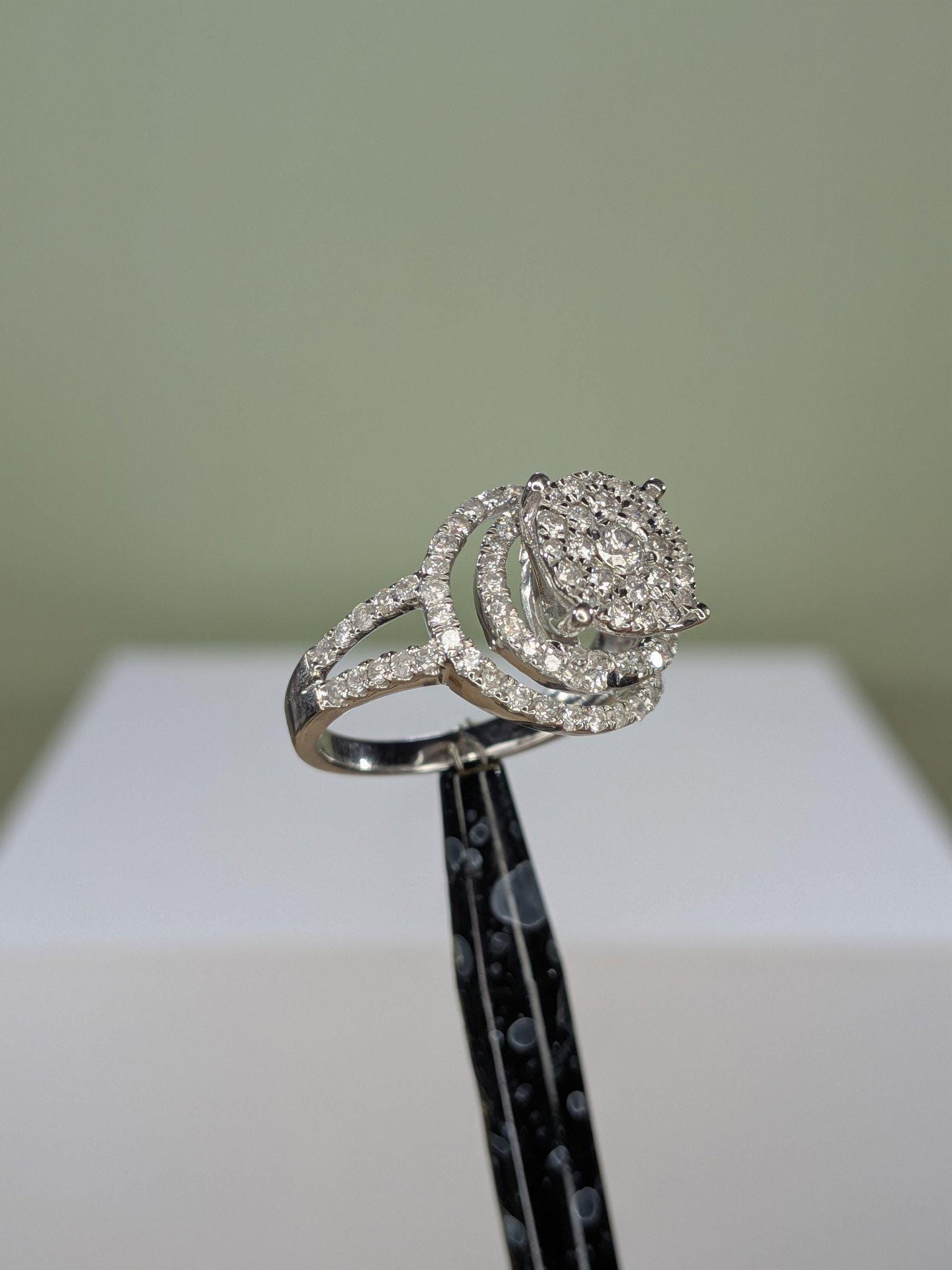 10K White Gold Diamond Swirl Halo Cluster Ring, Split Shank, Size 8 view 2