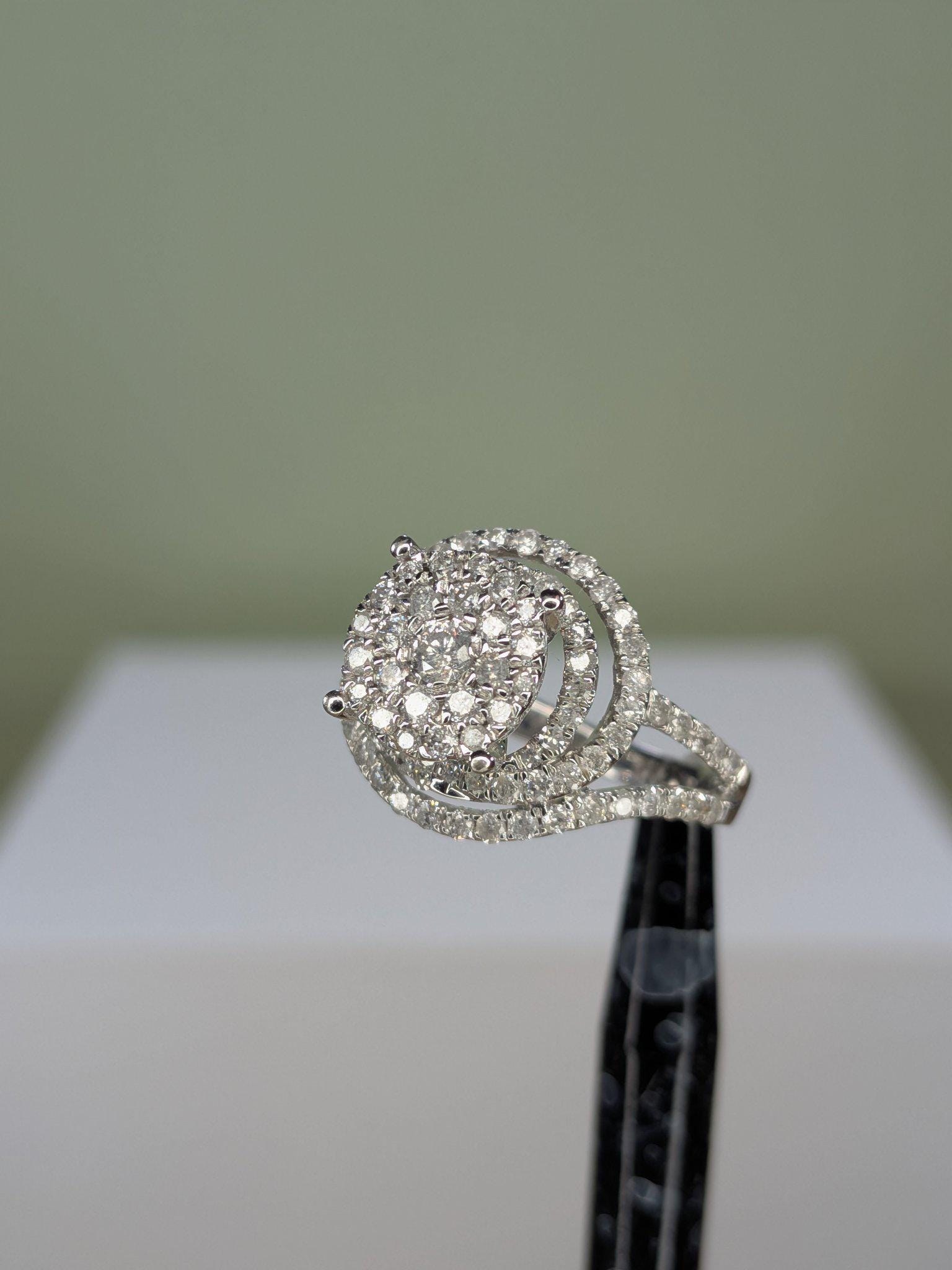 10K White Gold Diamond Swirl Halo Cluster Ring, Split Shank, Size 8 view 3