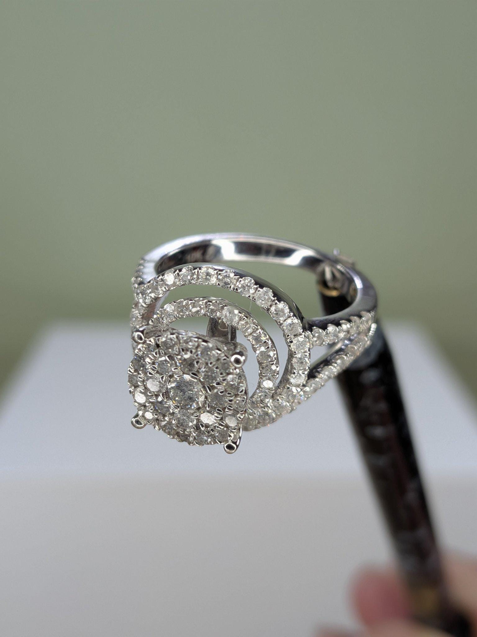 10K White Gold Diamond Swirl Halo Cluster Ring, Split Shank, Size 8 view 6