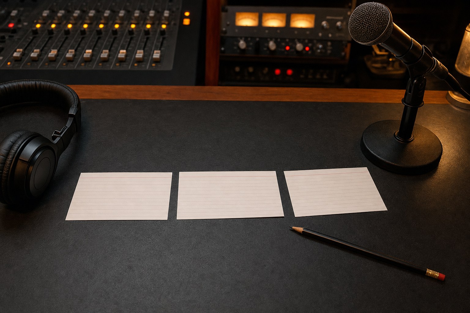 Blank planning cards, headphones, and a microphone arranged on a studio desk