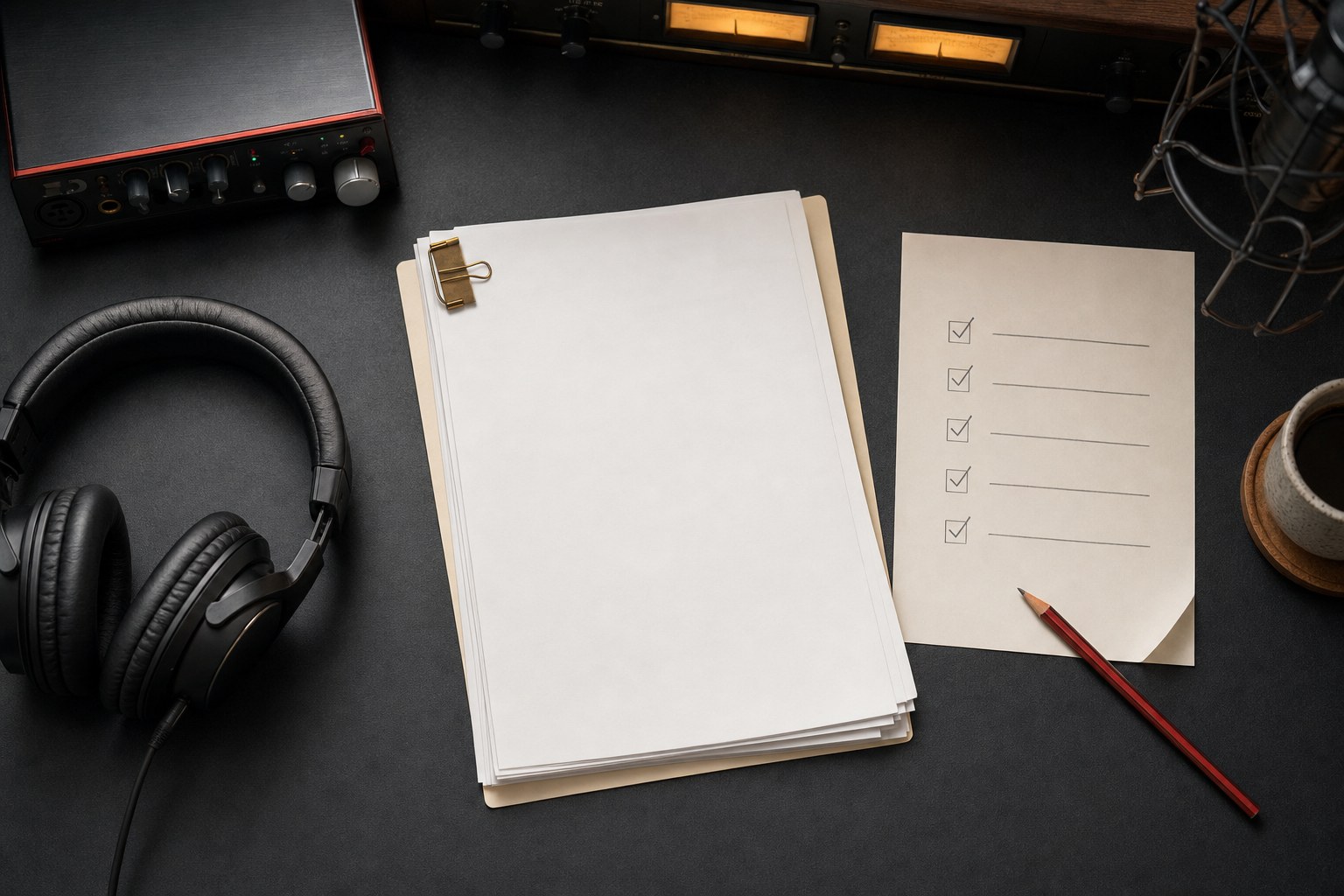 Approved script pages, headphones, checklist, and recording equipment on a studio desk