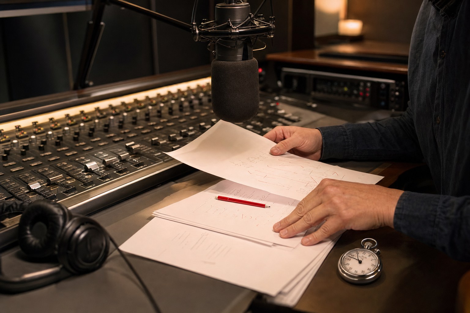 Commercial producer reviewing a radio script beside a studio microphone and mixing console