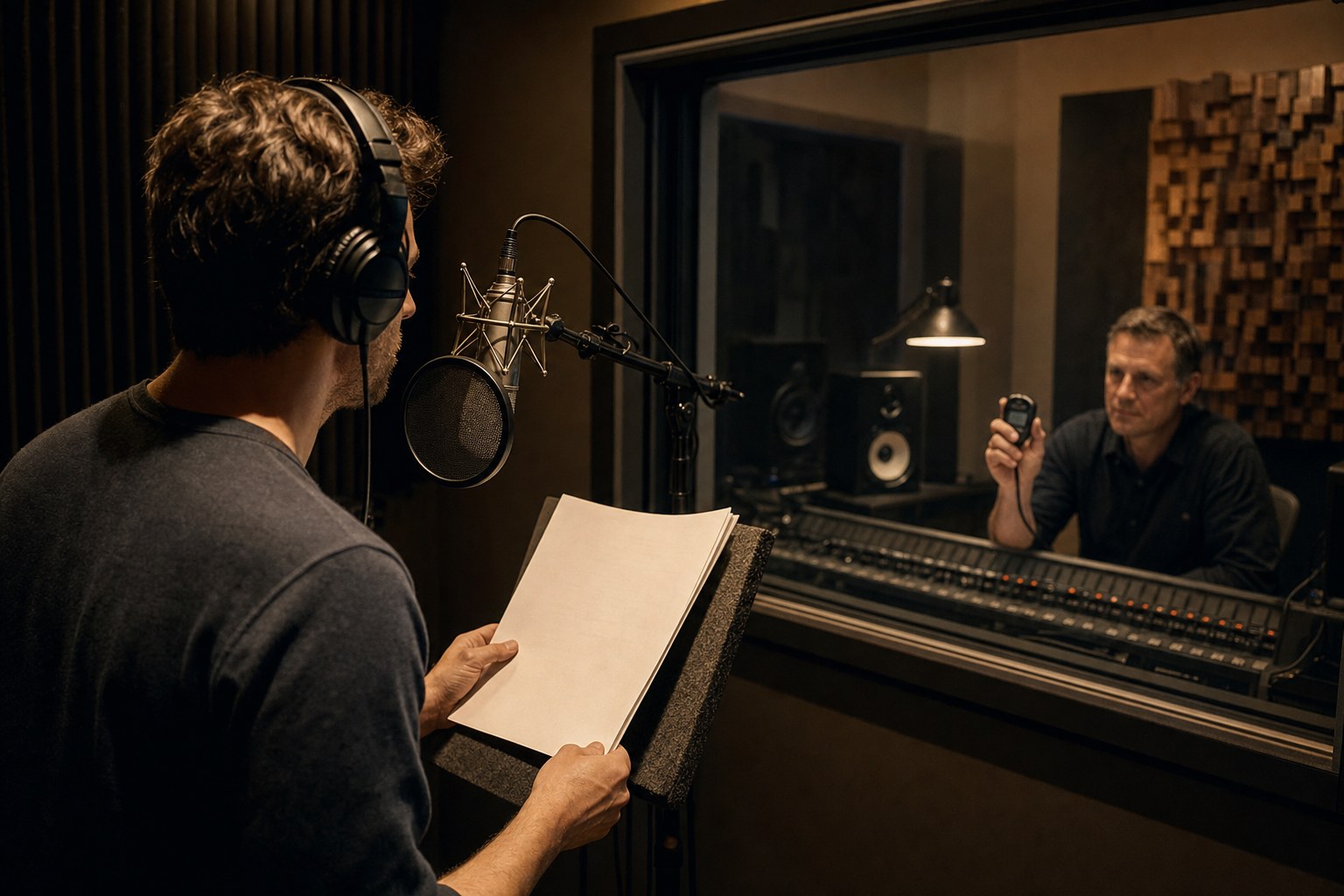 Voice actor reading a commercial while a producer times the performance from the control room