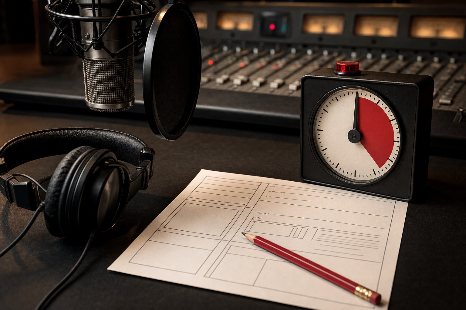 Production timing sheet, headphones, microphone, and stopwatch prepared for a short audio commercial