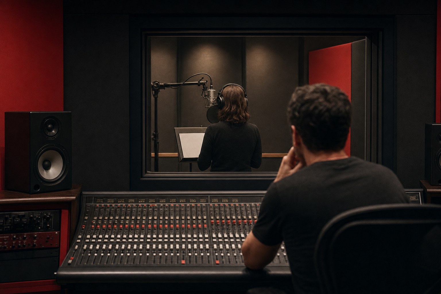 Voice actor recording a commercial in a professional audio studio