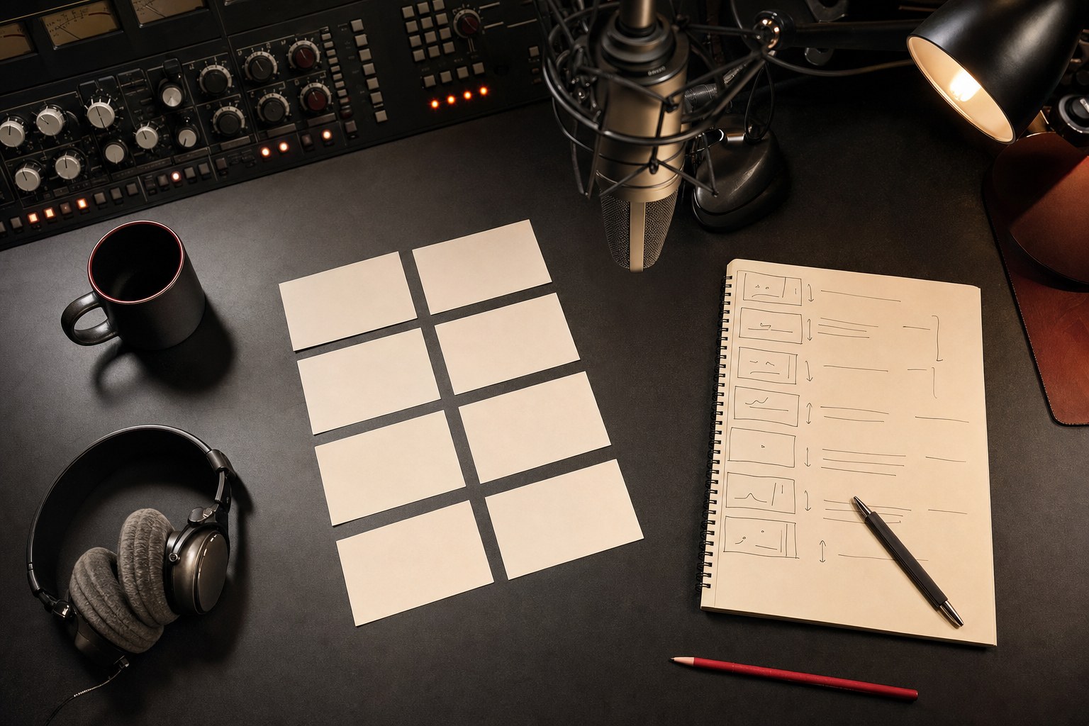 Producer arranging a longer commercial story on a studio desk beside a microphone and headphones