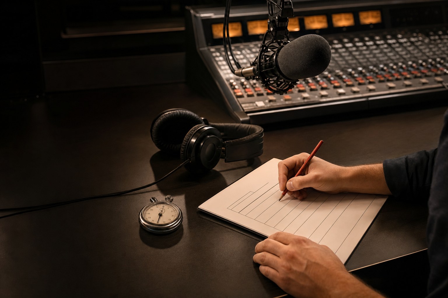 Commercial producer planning a radio spot with a timing sheet, microphone, headphones, and stopwatch