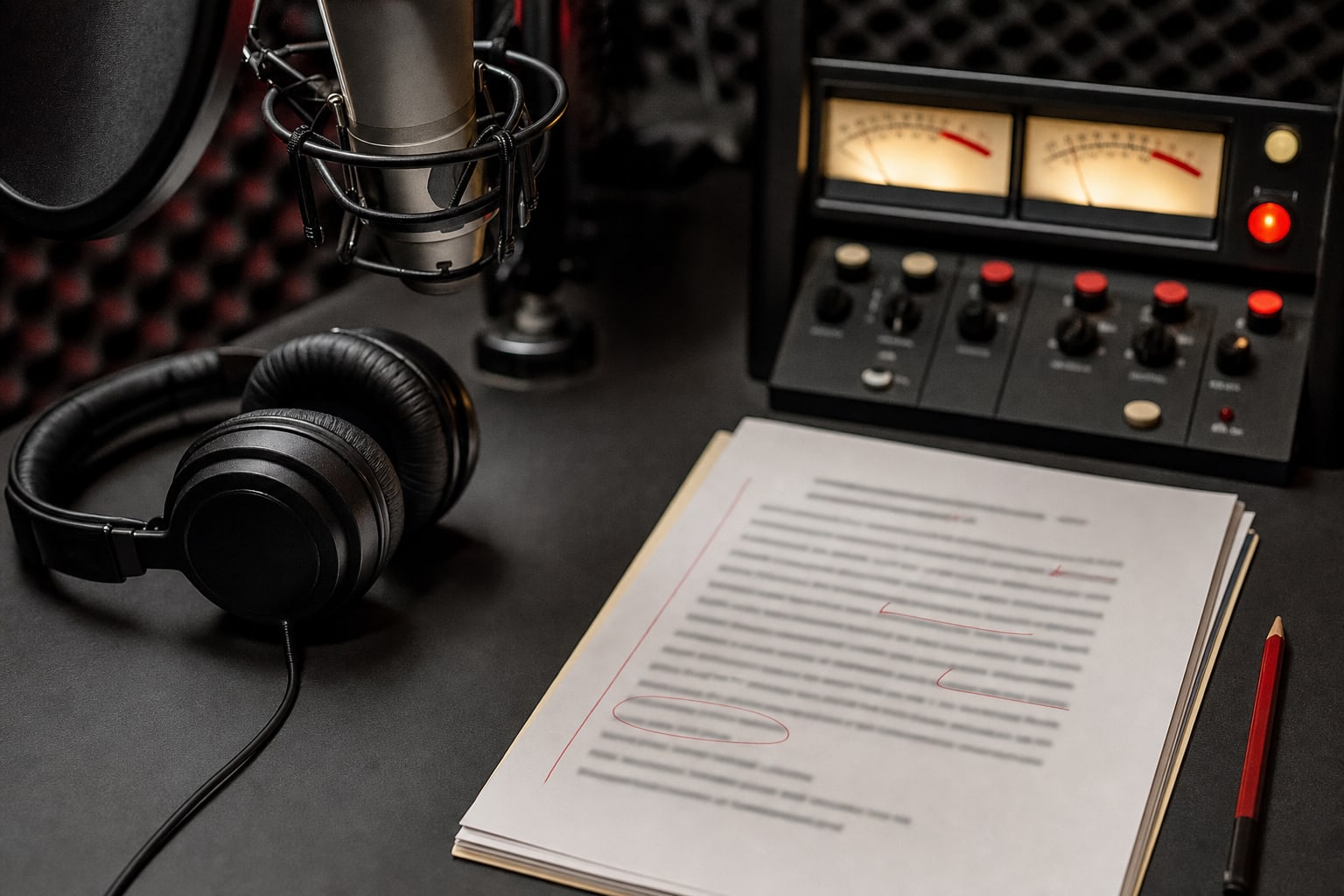 Studio microphone, headphones, and marked-up advertising script on a production desk