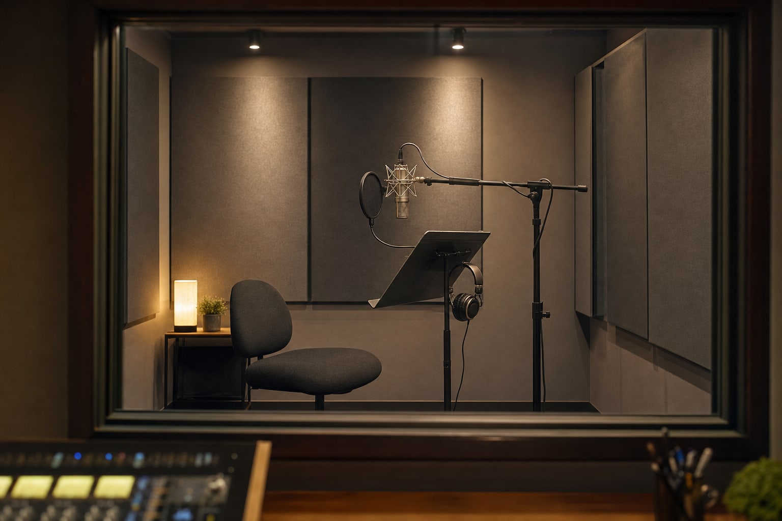 Professional voice-over booth prepared with microphone and headphones