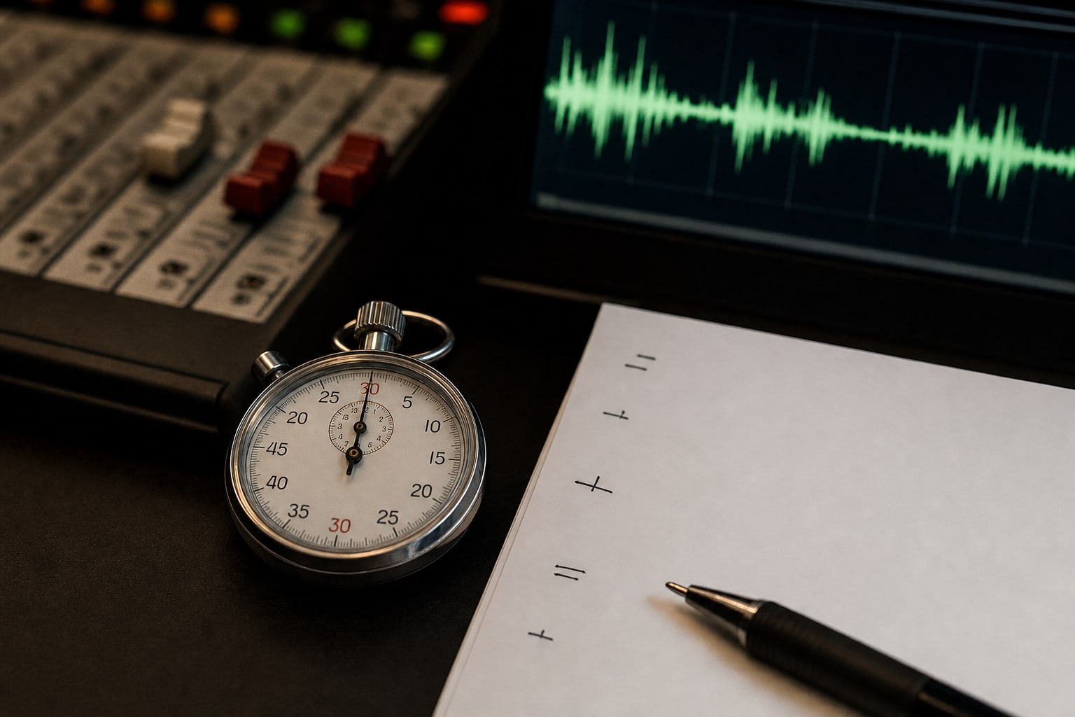 Stopwatch beside a blank script and audio waveform display