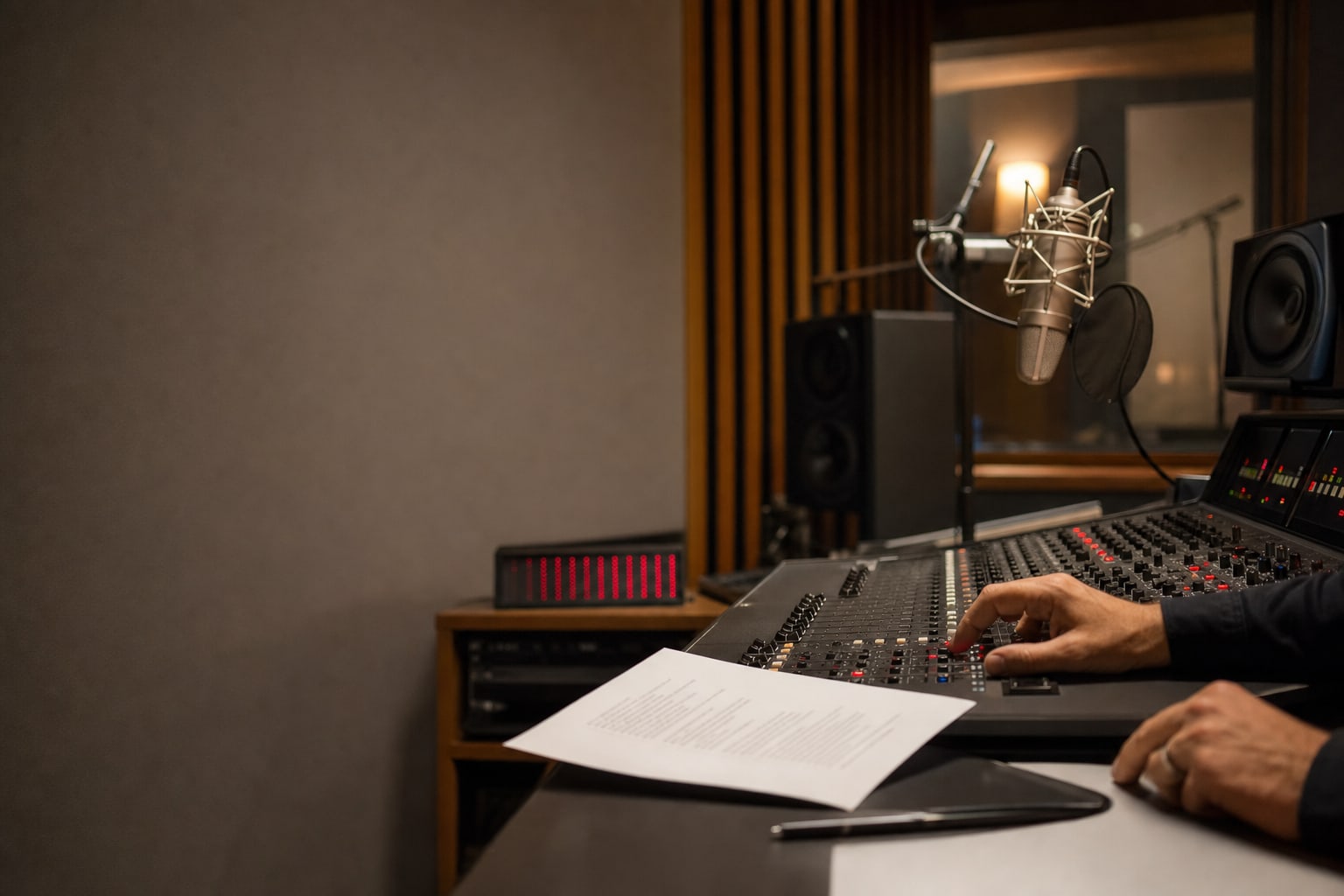 Commercial recording studio with microphone and mixing console