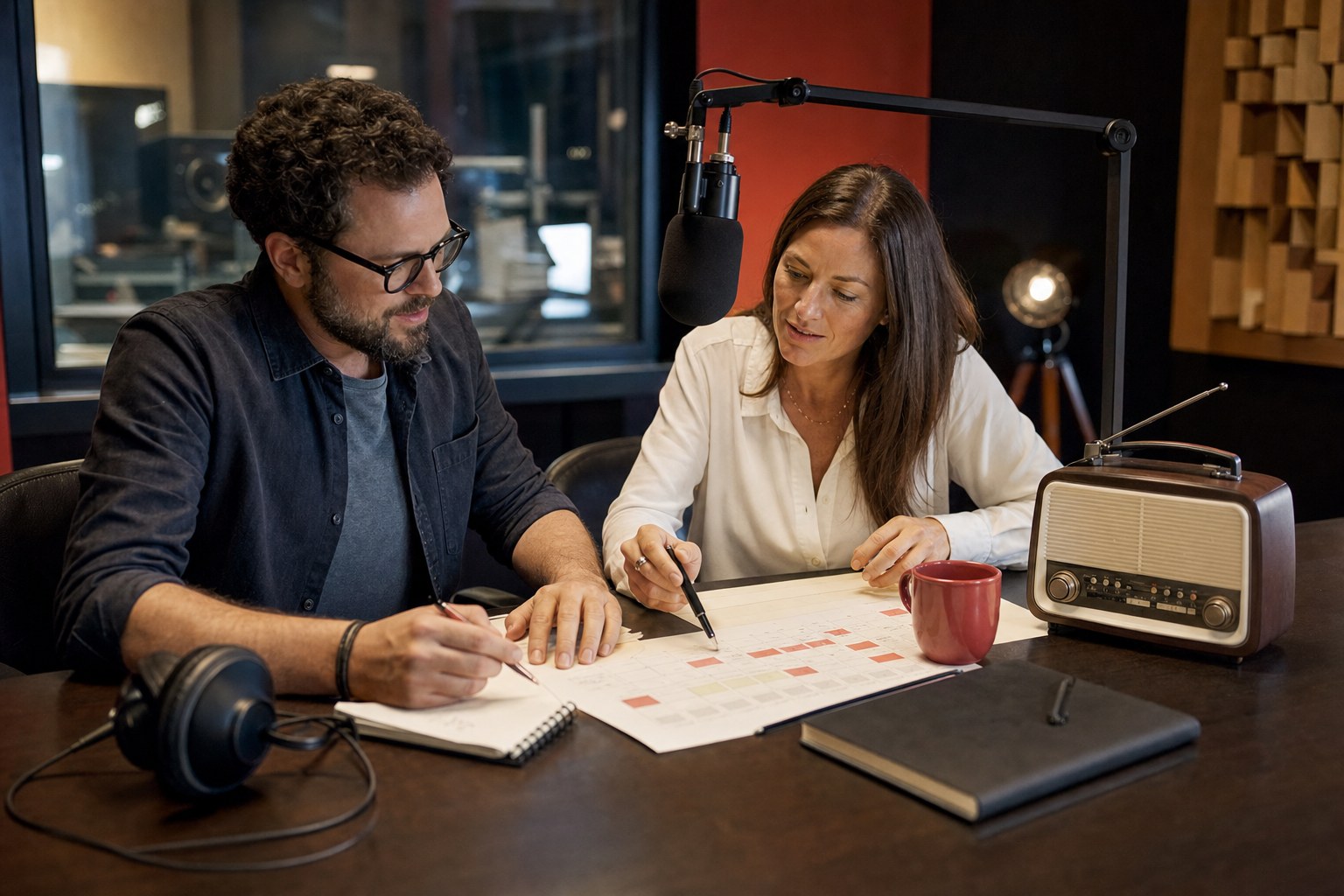 Advertiser and producer reviewing a campaign schedule in a commercial audio studio