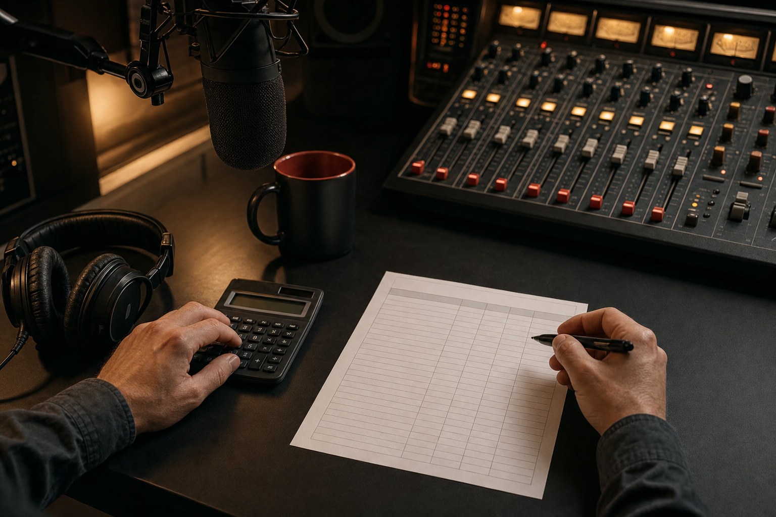 Commercial audio producer planning a radio advertising budget in a recording studio