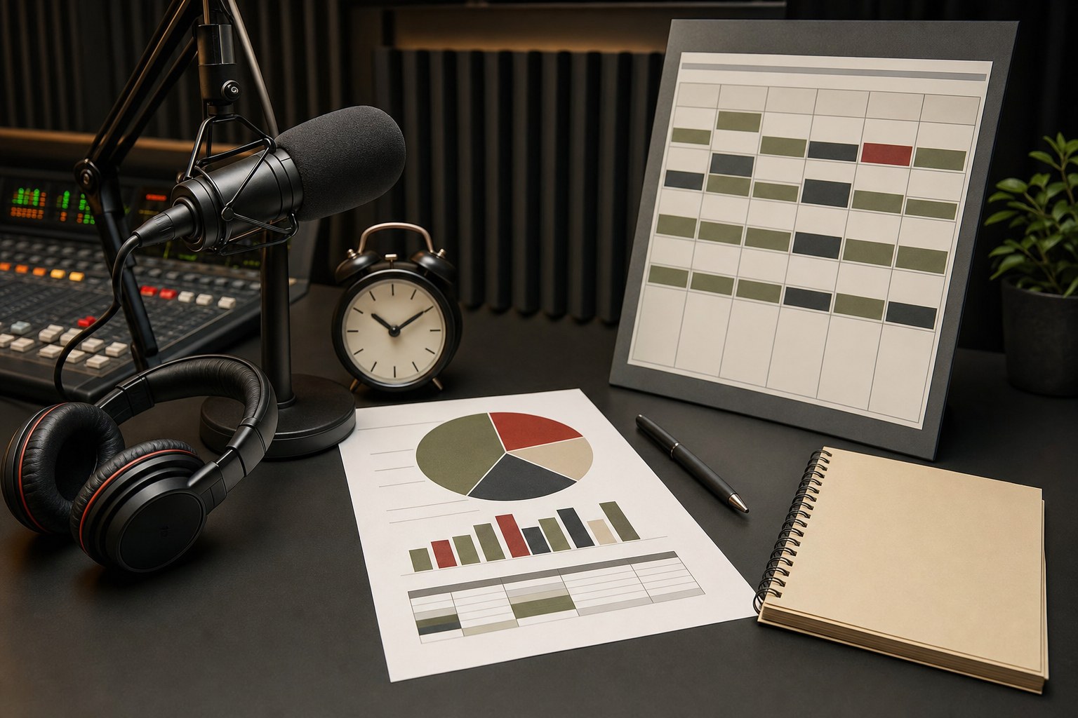 Radio media plan, microphone, headphones, and clock arranged in a production studio