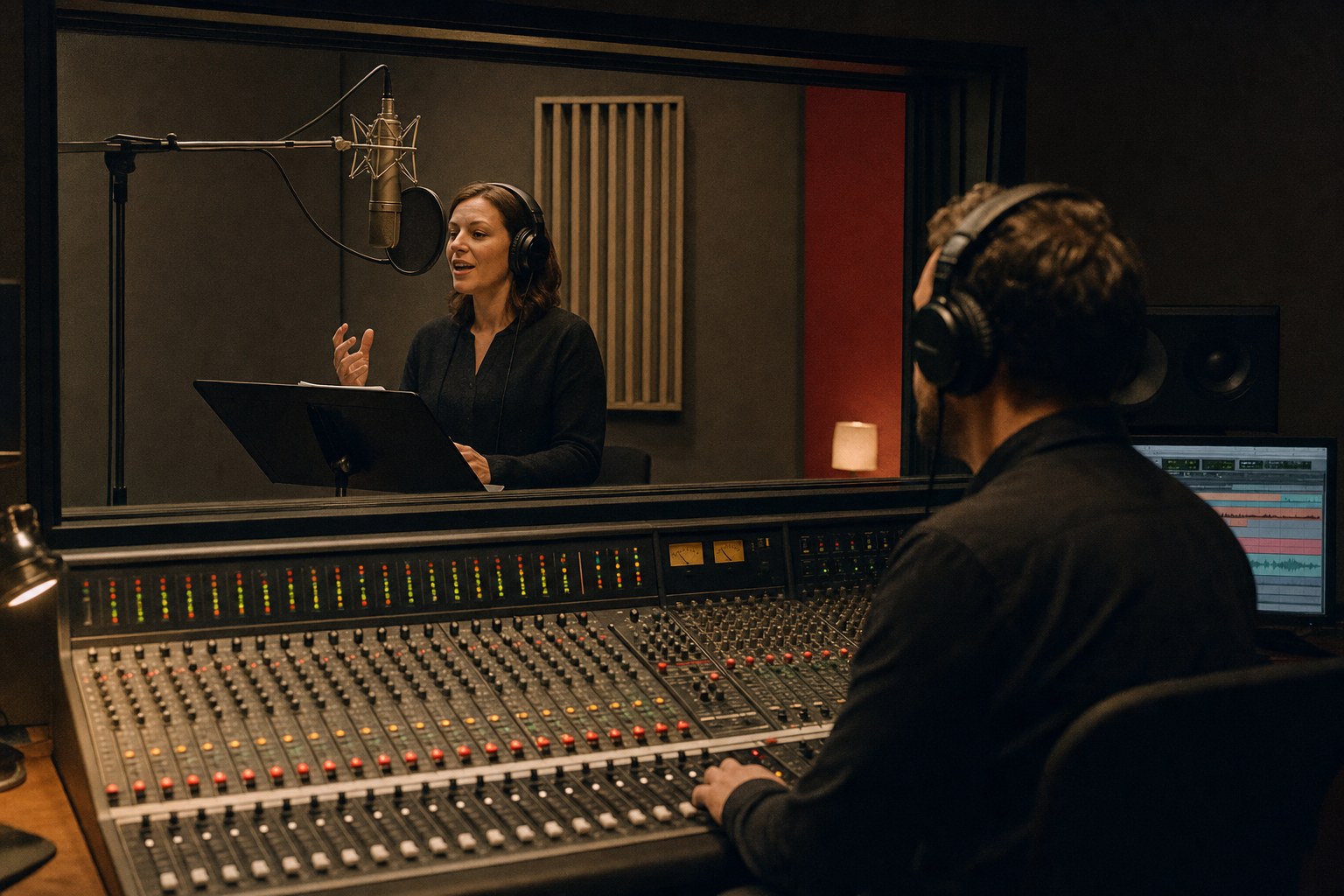 Voice actor recording a commercial as a producer monitors the studio session