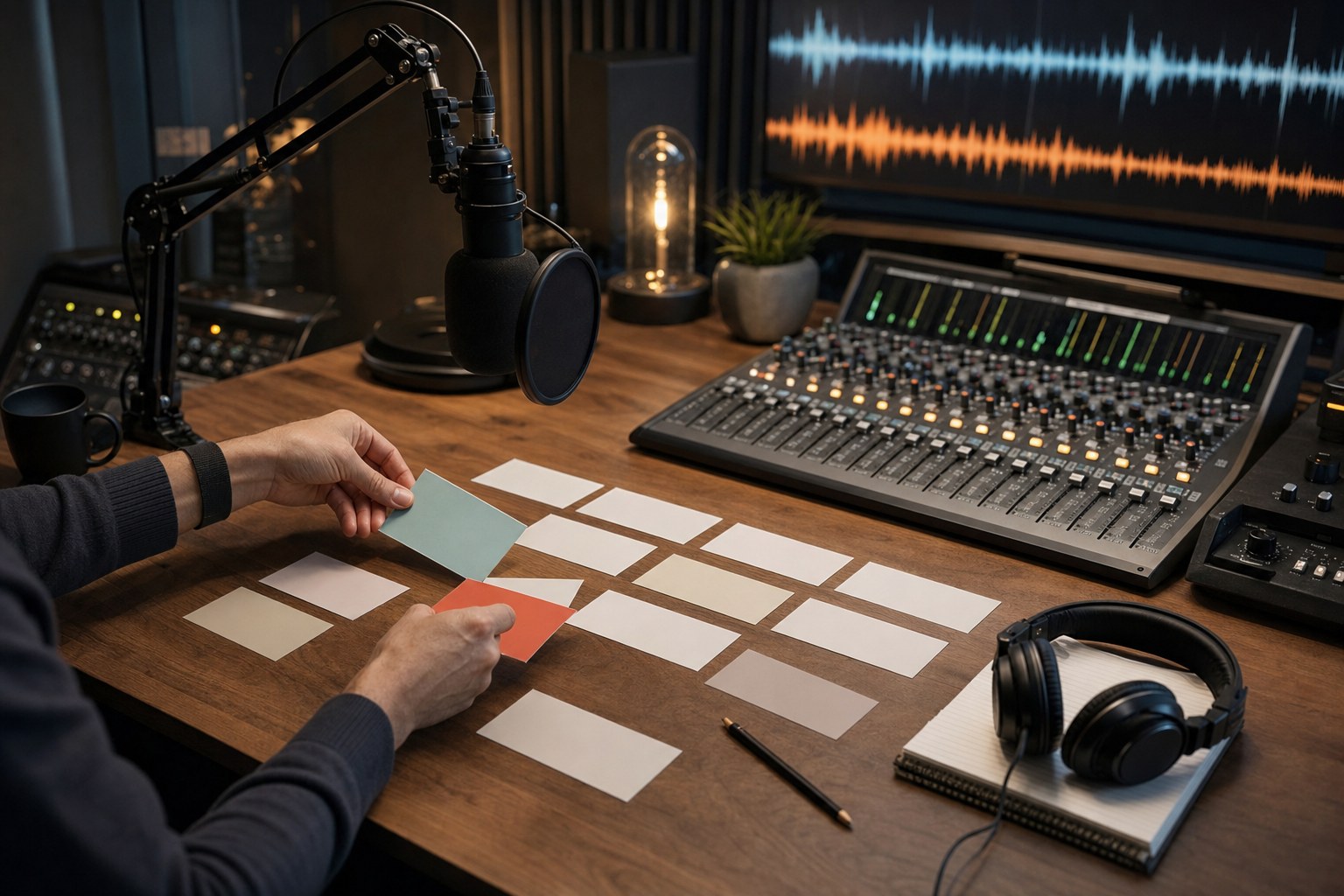 Producer arranging campaign idea cards beside a broadcast microphone and audio console