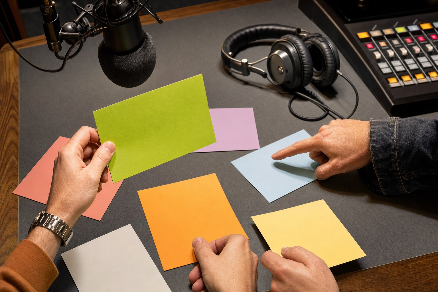 Campaign team reviewing blank idea cards beside a studio microphone and headphones