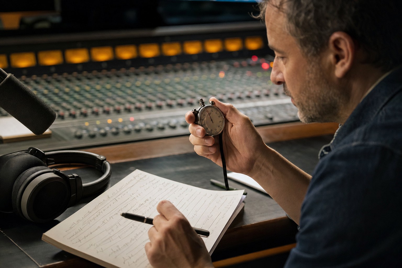 Producer checking a stopwatch beside a script in a commercial audio studio