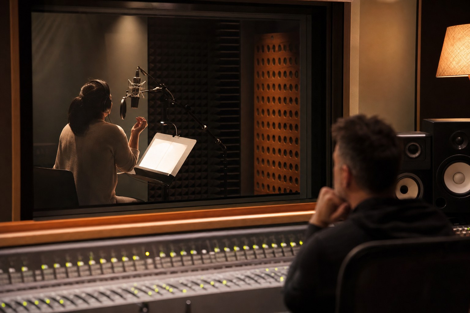 Voice actor recording in a professional audio booth while a producer listens