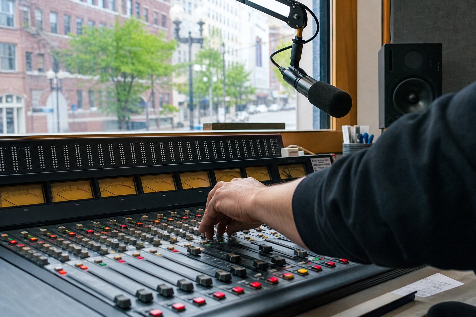 Audio producer adjusting a broadcast console in a studio overlooking a city street