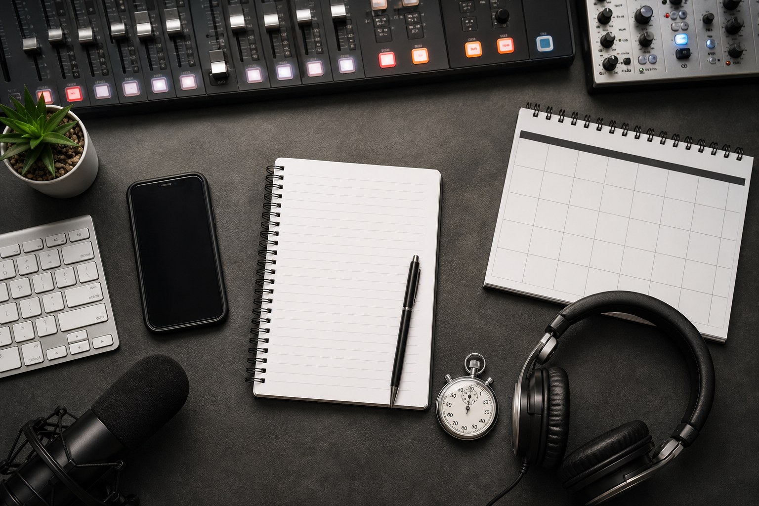 Campaign measurement desk with a phone, calendar, headphones, notebook, and stopwatch
