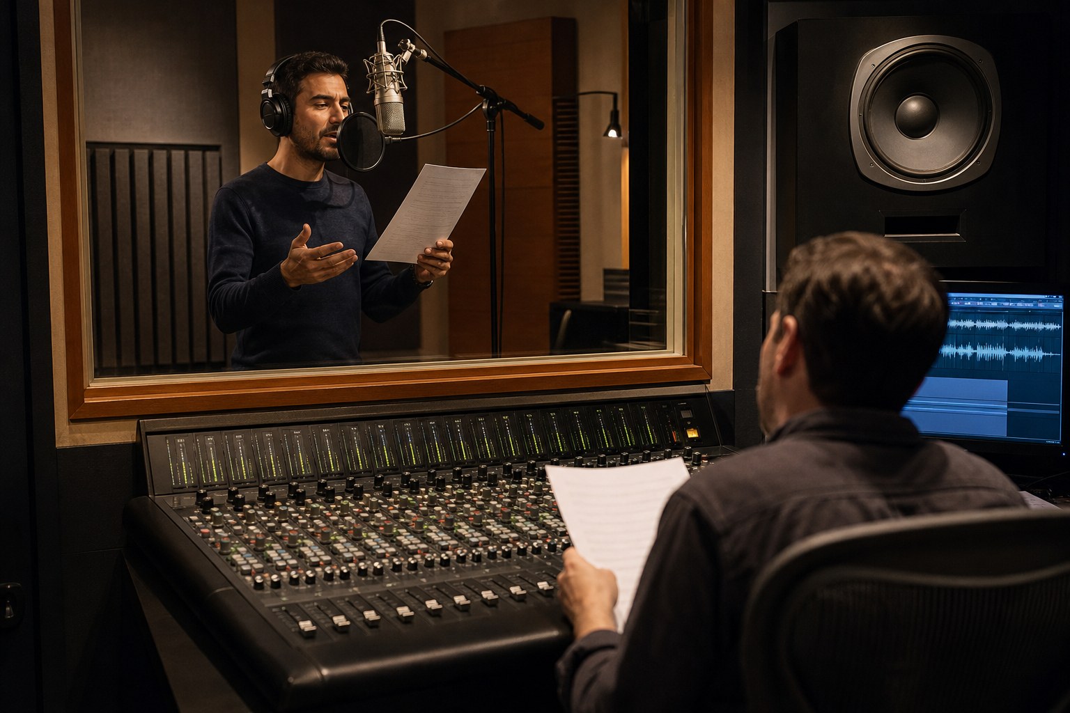 Voice actor recording a commercial while a producer follows the session from the control room
