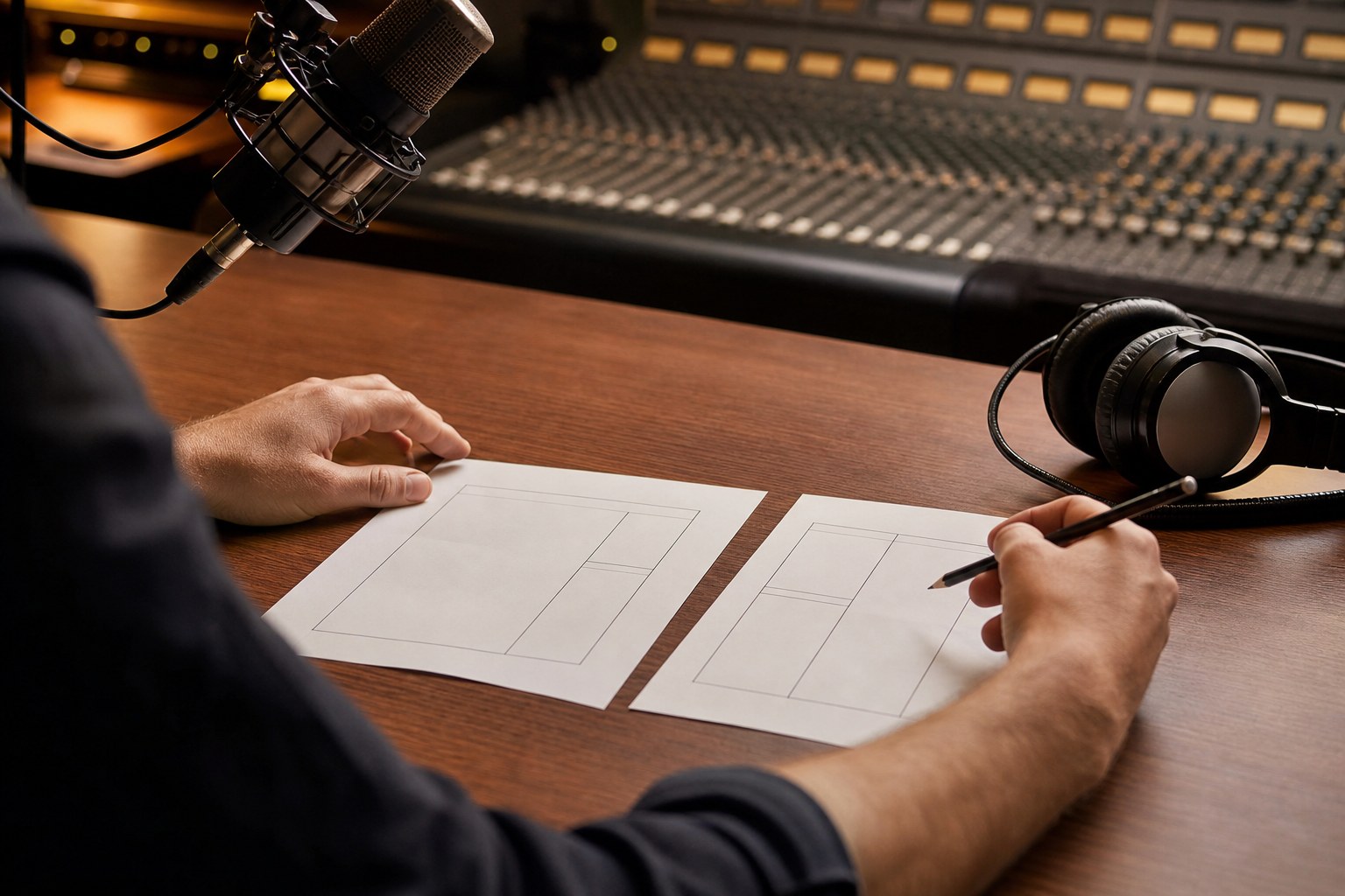 Producer comparing campaign planning sheets beside a broadcast microphone and headphones