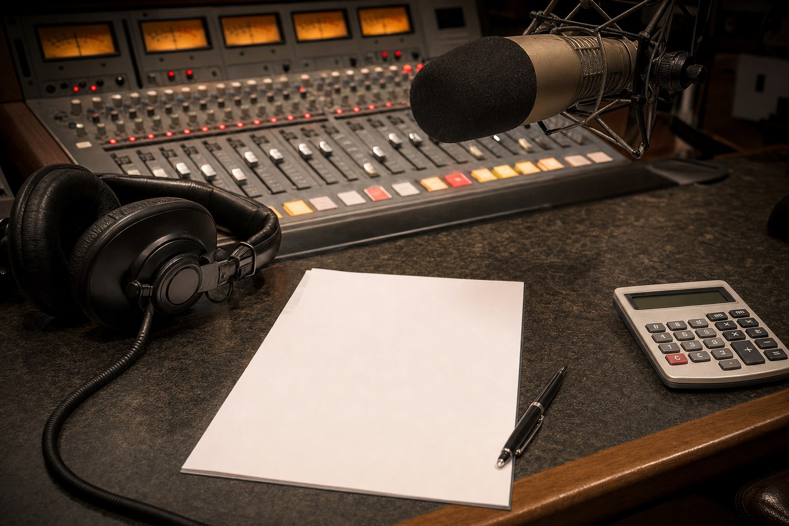 Broadcast studio desk with microphone, headphones, blank production brief, and calculator