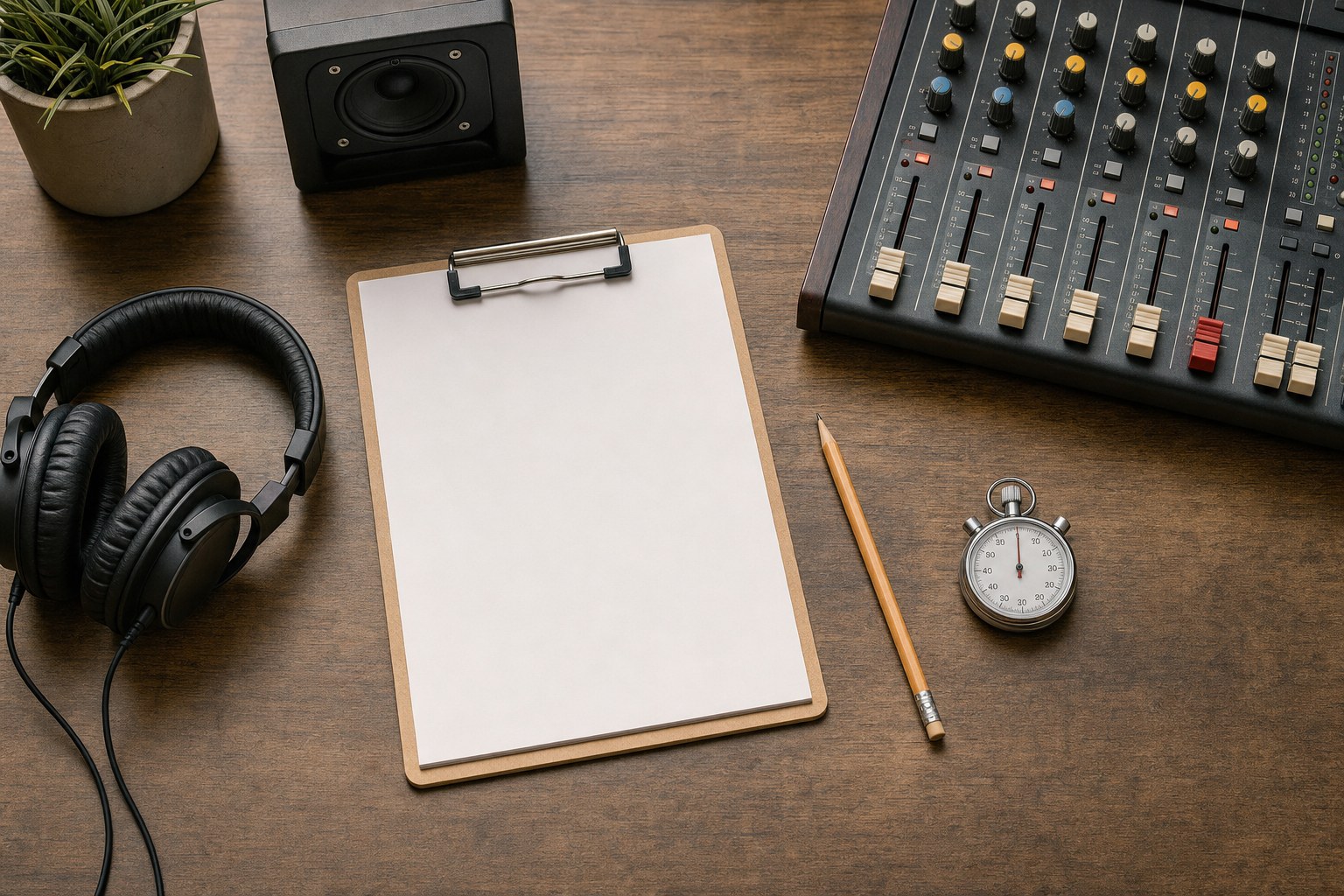 Commercial audio planning desk with timing sheet, stopwatch, headphones, pencil, and mixing console