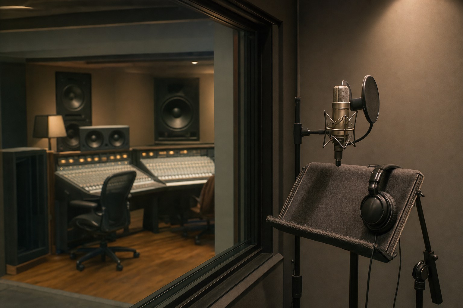 Professional microphone and headphones in a softly lit vocal booth